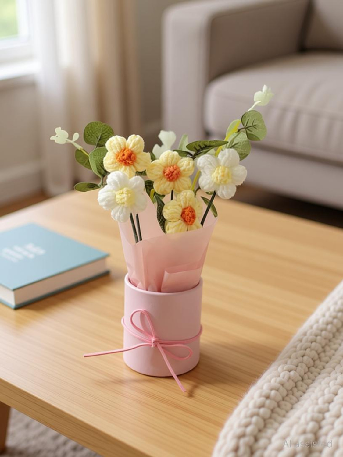 Image of waan 1 Pcs Artificial Daisy Crochet Flower Bouquet with Pot | Home Decor,Table,Gift Yellow Daisy Artificial Flower with Pot (22 cm, Pack of 1, Flower with Basket)