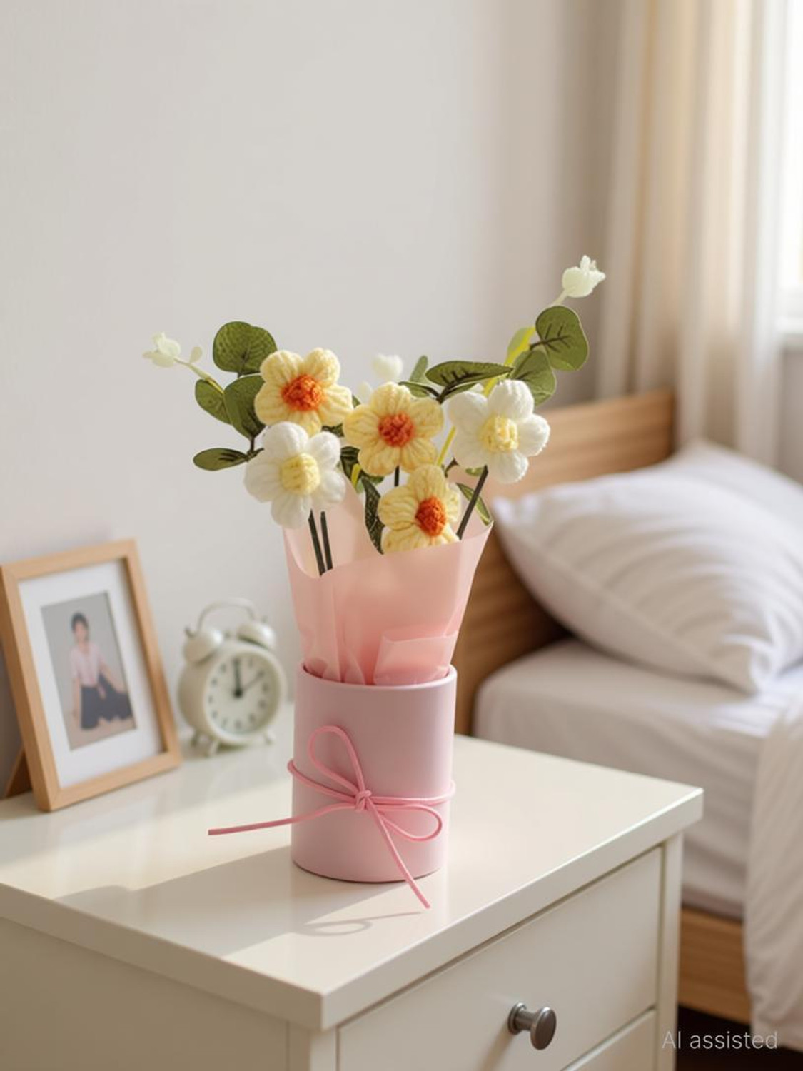 Image of waan 1 Pcs Artificial Daisy Crochet Flower Bouquet with Pot | Home Decor,Table,Gift Yellow Daisy Artificial Flower with Pot (22 cm, Pack of 1, Flower with Basket)