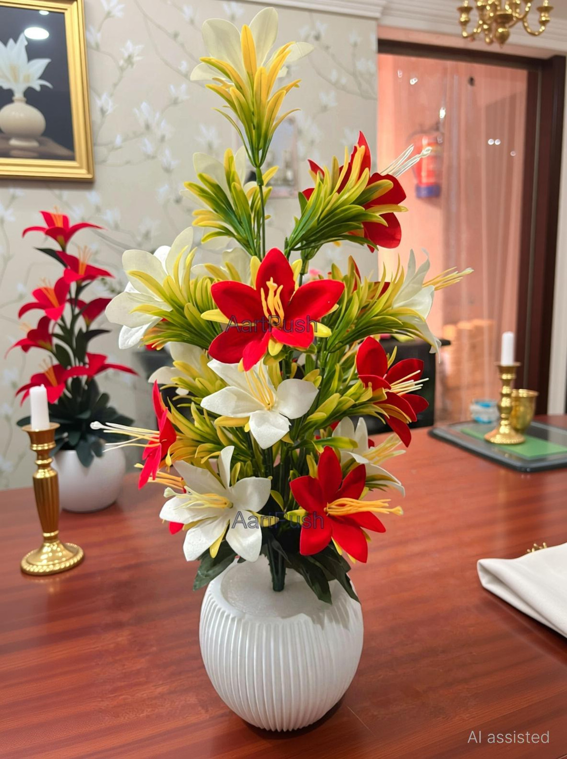 Image of HOF DECO Lily Bonsai Artifificial Flower Plant for Home Decor Plant with white Pot Multicolor Lily Artificial Flower with Pot