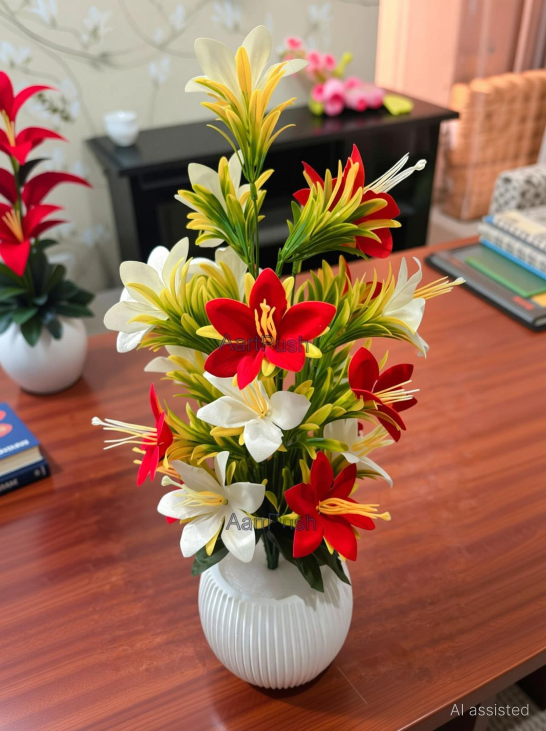Image of HOF DECO Lily Bonsai Artifificial Flower Plant for Home Decor Plant with white Pot Multicolor Lily Artificial Flower with Pot