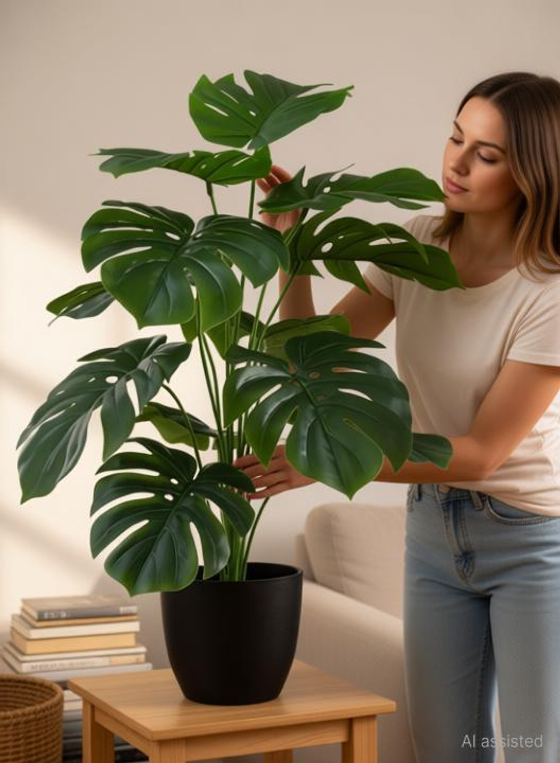 Image of De Gardenia Artificial Palm Plants 12 Leaves Faux Turtle Leaf Monstera Artificial Plant (66 cm, Black)