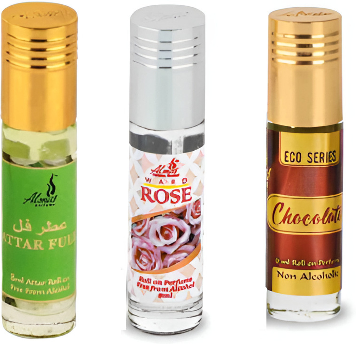Image of Almas Mogra, Rose, Chocolate Non-Alcoholic Attar (Combo Pack of 3, 6ml Each) -18ml Floral Attar