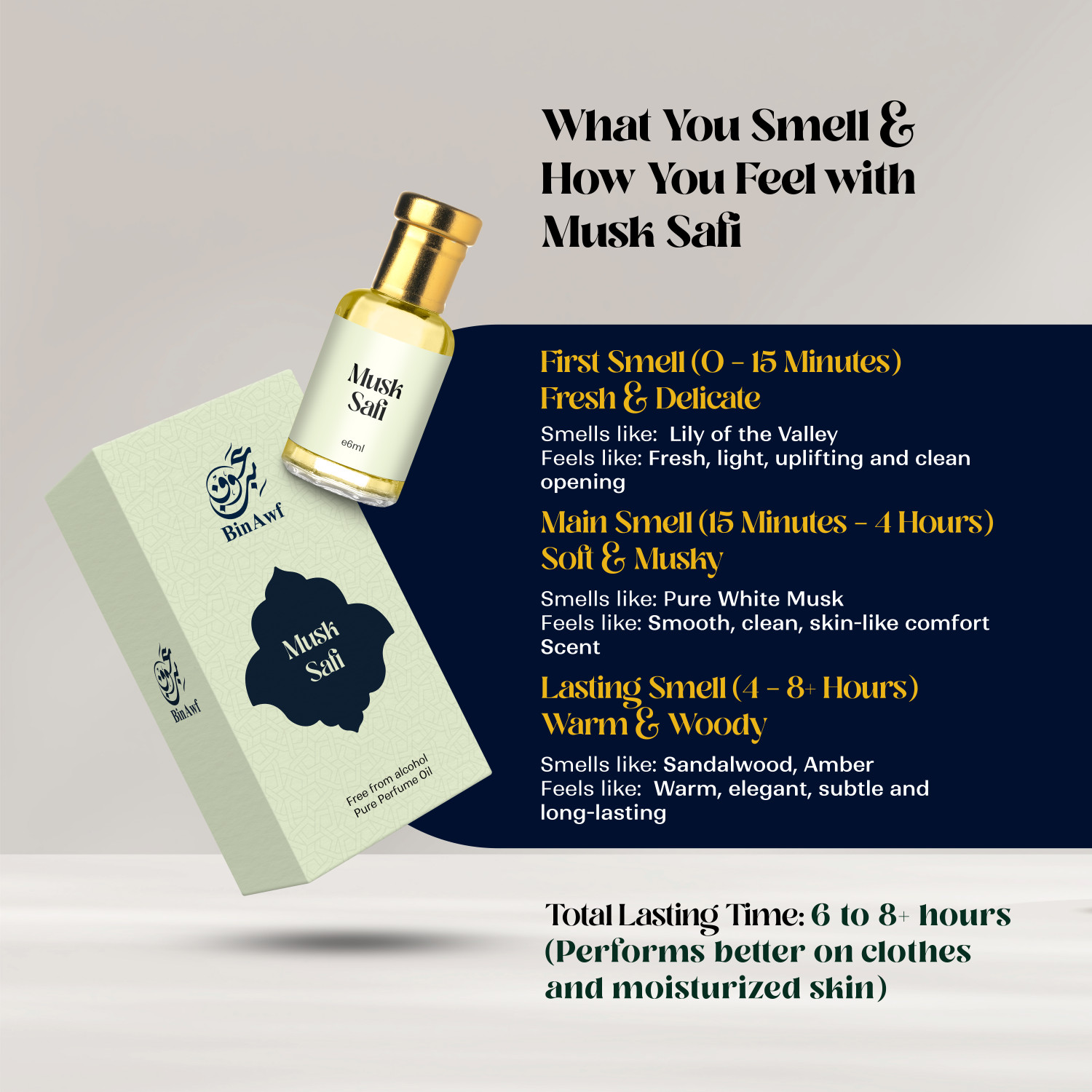 Image of Binawf Musk Safi Luxury Attar | Unisex | 100% Alcohol Free | Long Lasting Perfume Floral Attar