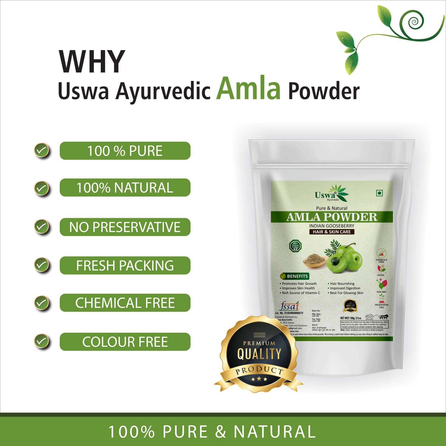 Image of Uswa Ayurvedic Natural Amla Indian Gooseberry Powder for Hair and Skin Care-Pack-3(300g)