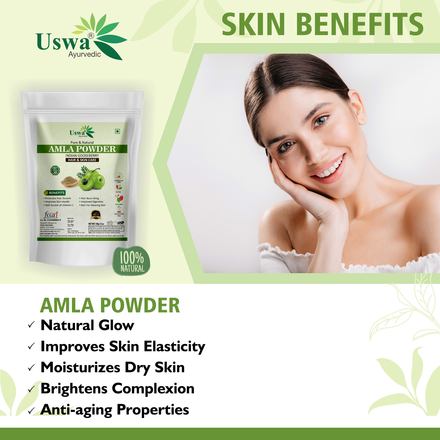 Image of Uswa Ayurvedic Natural Amla Indian Gooseberry Powder for Hair and Skin Care-Pack-3(300g)