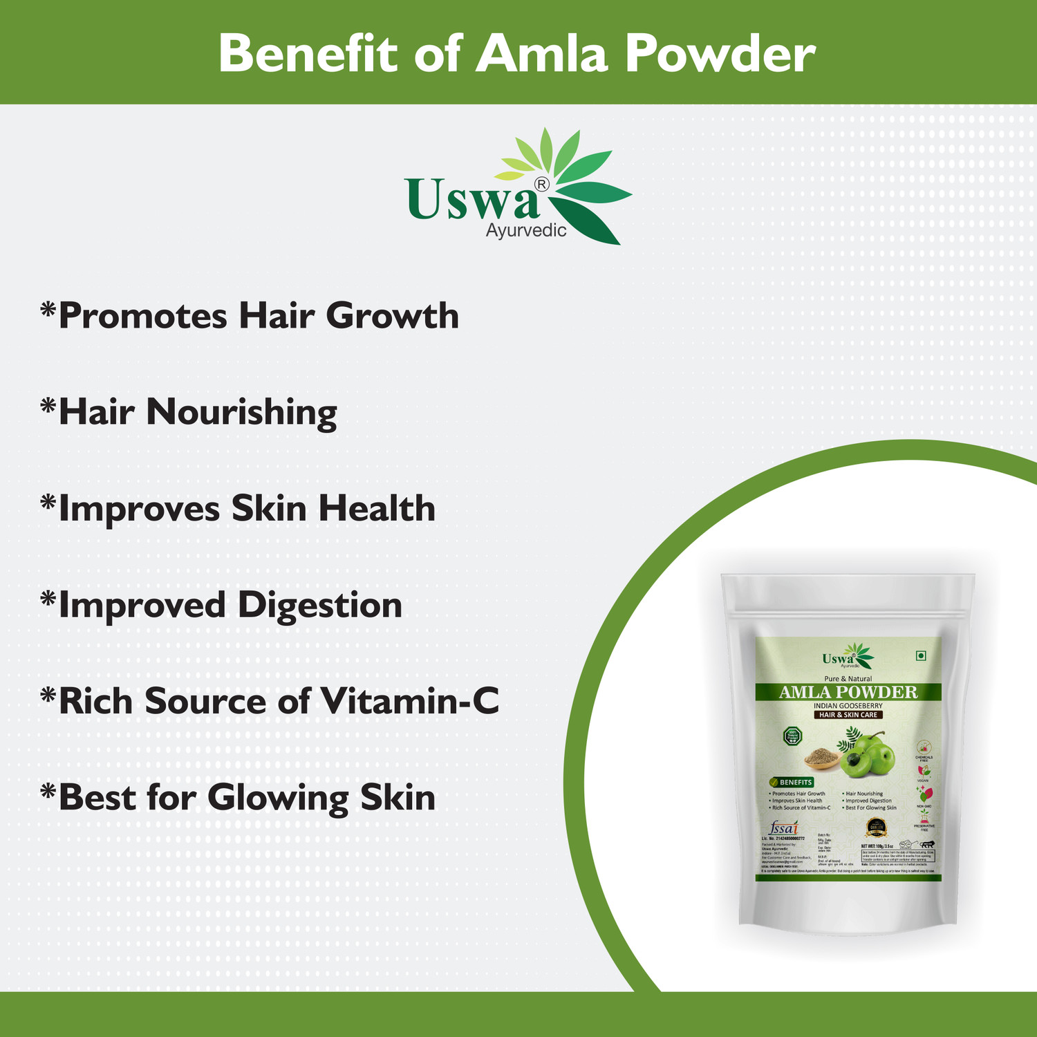 Image of Uswa Ayurvedic Natural Amla Indian Gooseberry Powder for Hair and Skin Care-Pack-3(300g)