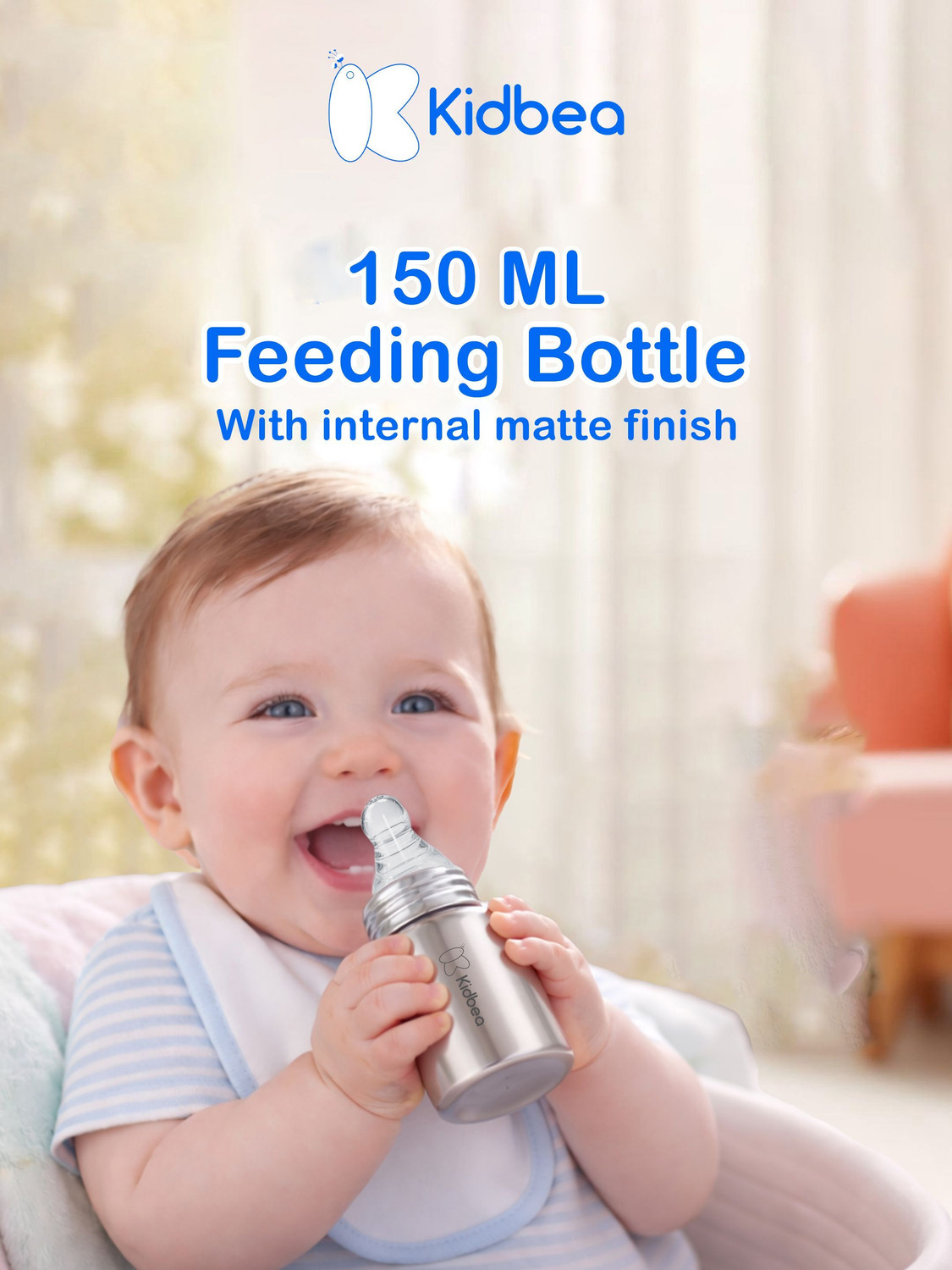 Image of Kidbea Baby Feeding Bottle, BPA Free, Anti-Colic, Plastic-Free, Medium-Flow Nipple - 150 ml