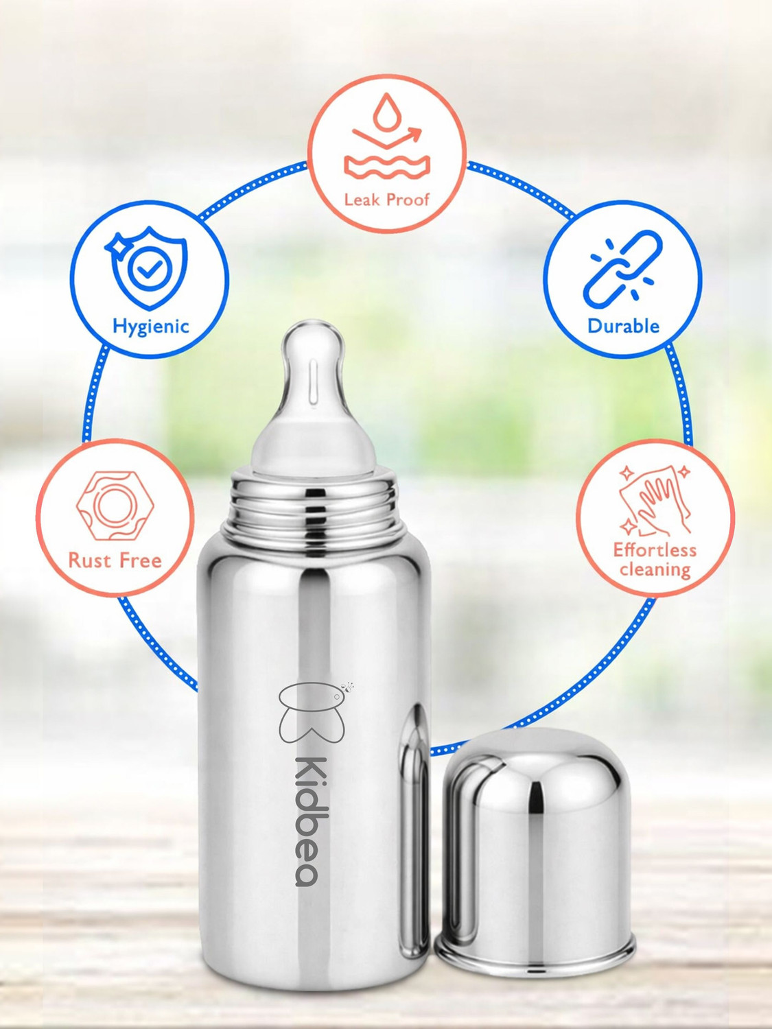 Image of Kidbea Baby Feeding Bottle, BPA Free, Anti-Colic, Plastic-Free, Medium-Flow Nipple - 150 ml
