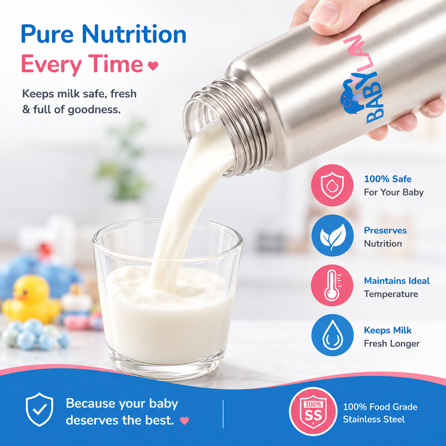 Image of babylak Steel Baby Feeding Bottle with Cleaning Brush & 2 Extra Silicone Nipples - 250 ml