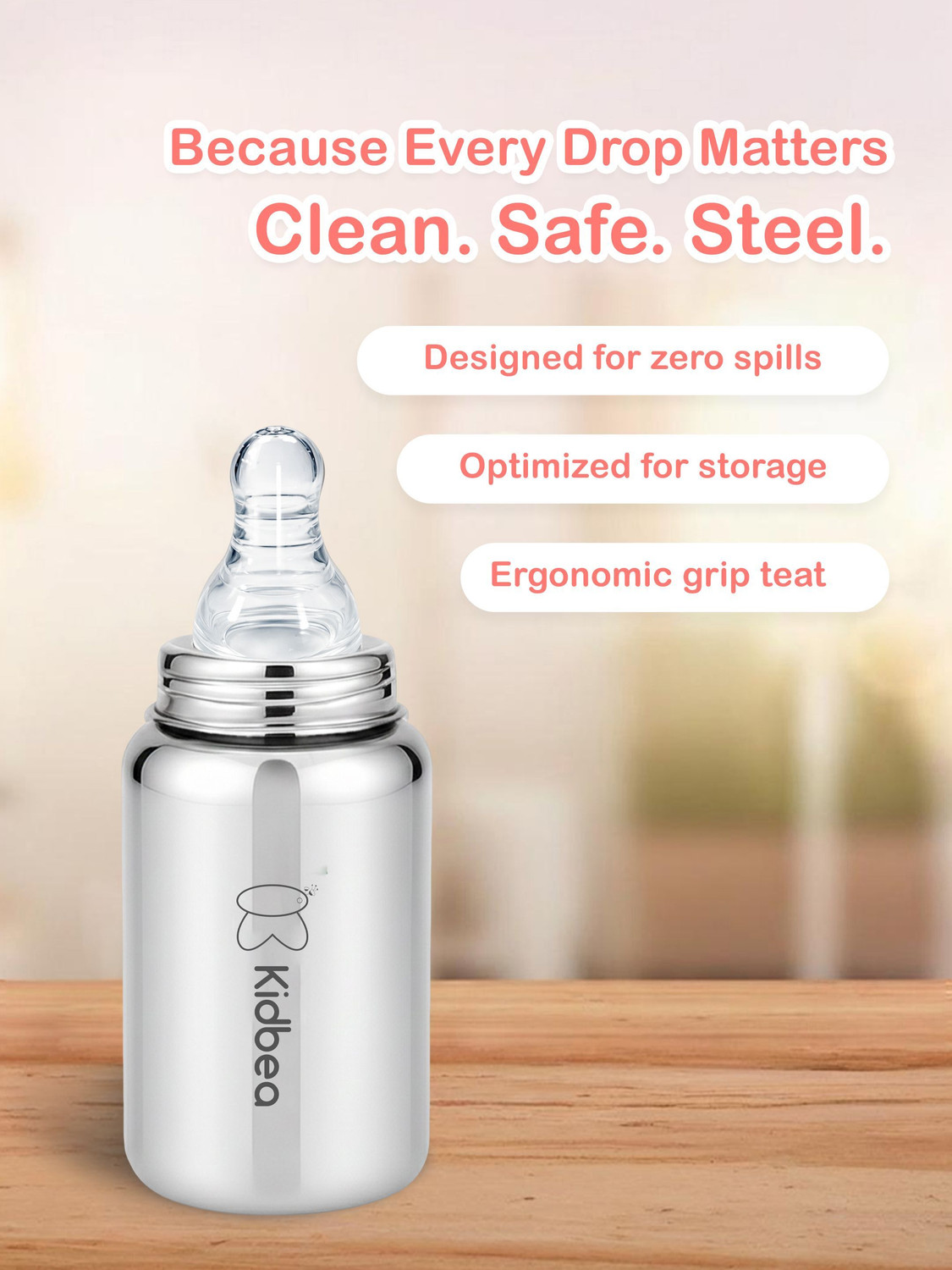 Image of Kidbea Baby Feeding Bottle, BPA Free, Anti-Colic, Plastic-Free, Medium-Flow Nipple - 150 ml