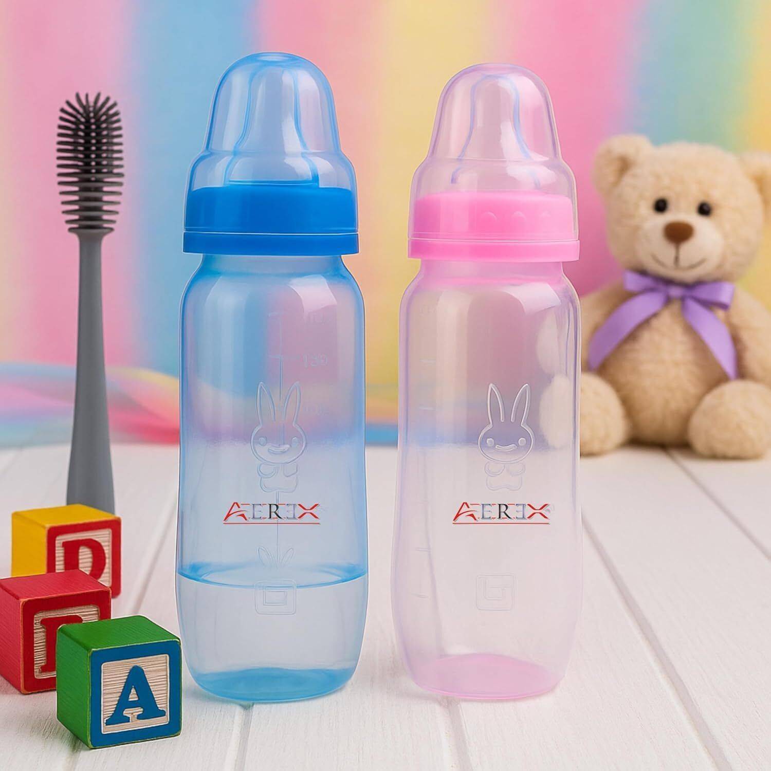 AEREX Baby Feeding Bottles with Silicone Nipples & Cleaning Brush - 100 ml