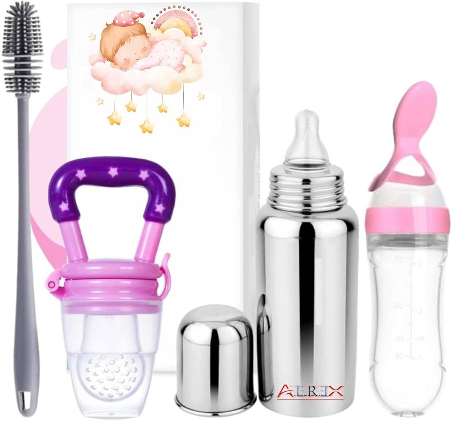 AEREX Stainless Steel Feeding Bottle Fruit Nibbler Spoon Feeder & Cleaning Brush - 100 ml