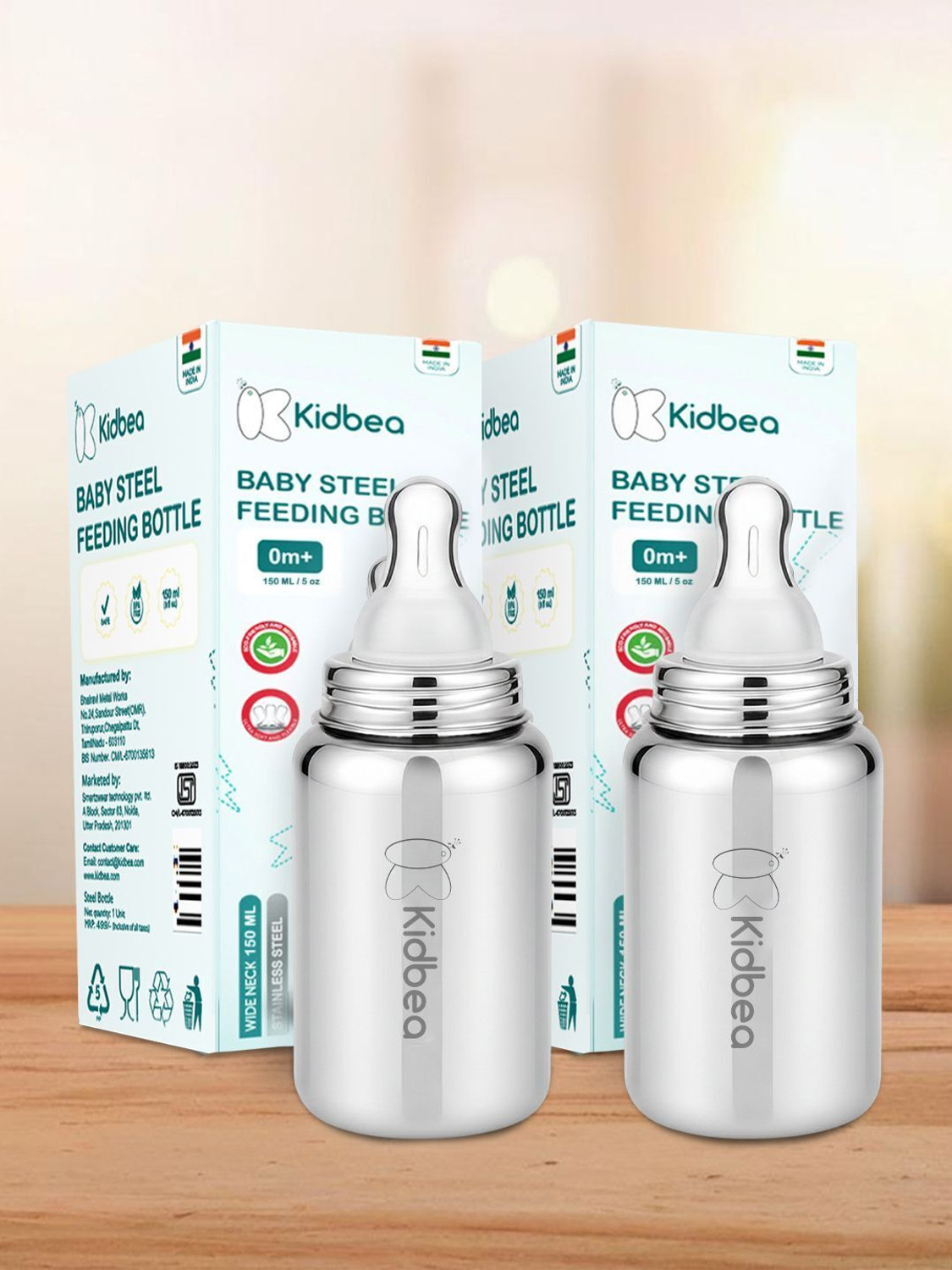 Image of Kidbea Baby Feeding Bottle, BPA Free, Anti-Colic, Plastic-Free, Medium-Flow Nipple - 150 ml