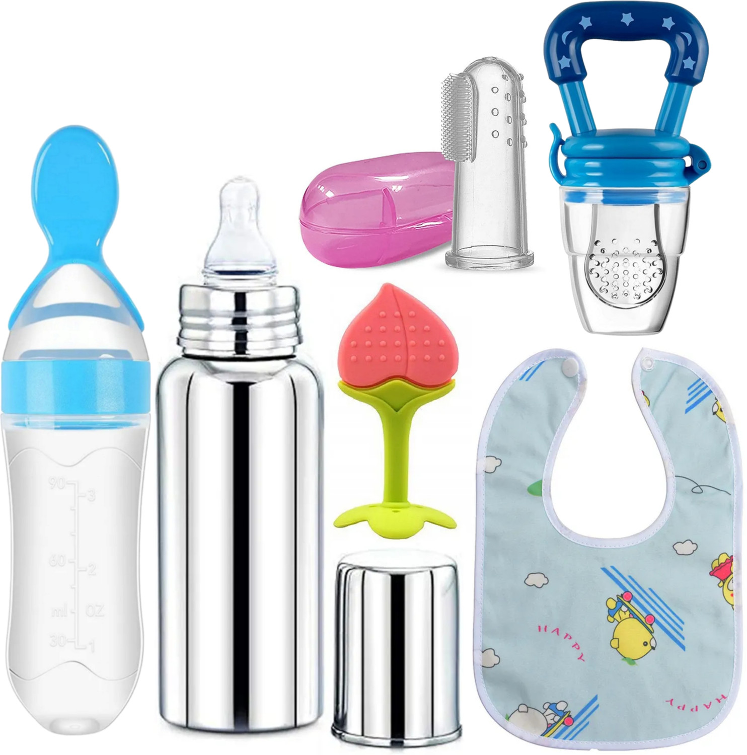 Image of Goyoku Steel Feeding Bottle, Spoon Bottle, Nibbler, Teether, bib, Finger brush Feeder