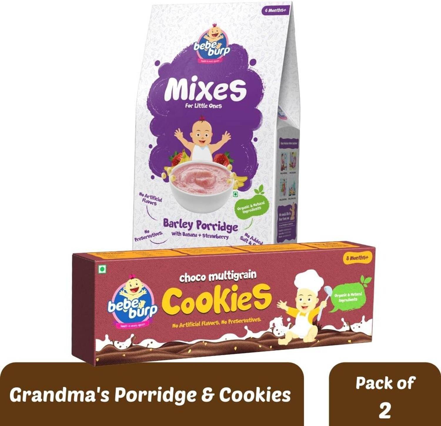 bebe burp Combo Pack Of 2 - (BARLEY MIX AND CHOCO MULTIGRAIN Cookies ) Baby Snacks 300 g