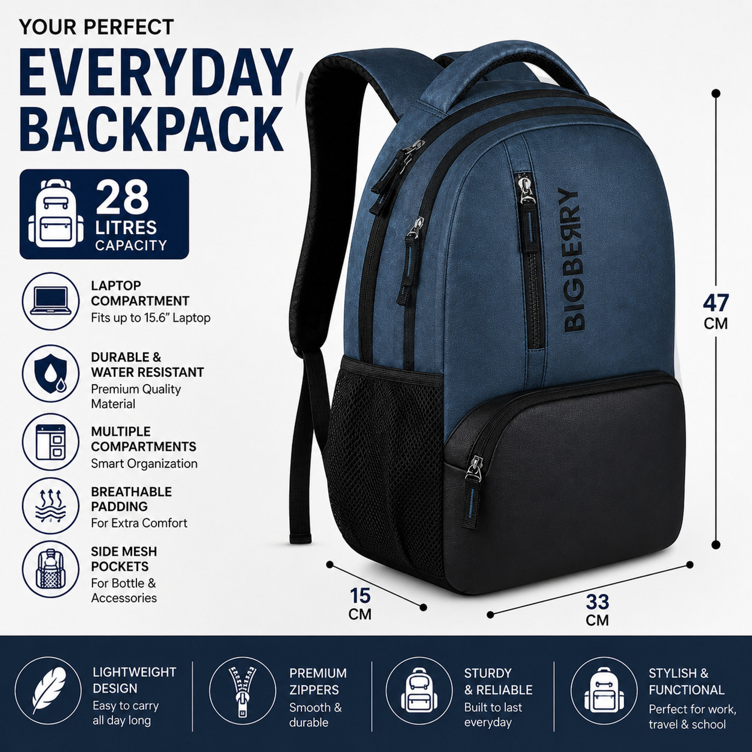 Image of BIGBERRY NEWAGE 28 Ltrs genuine PU Blue Backpack with Multiple Compartments & organiser 28 L Laptop Backpack