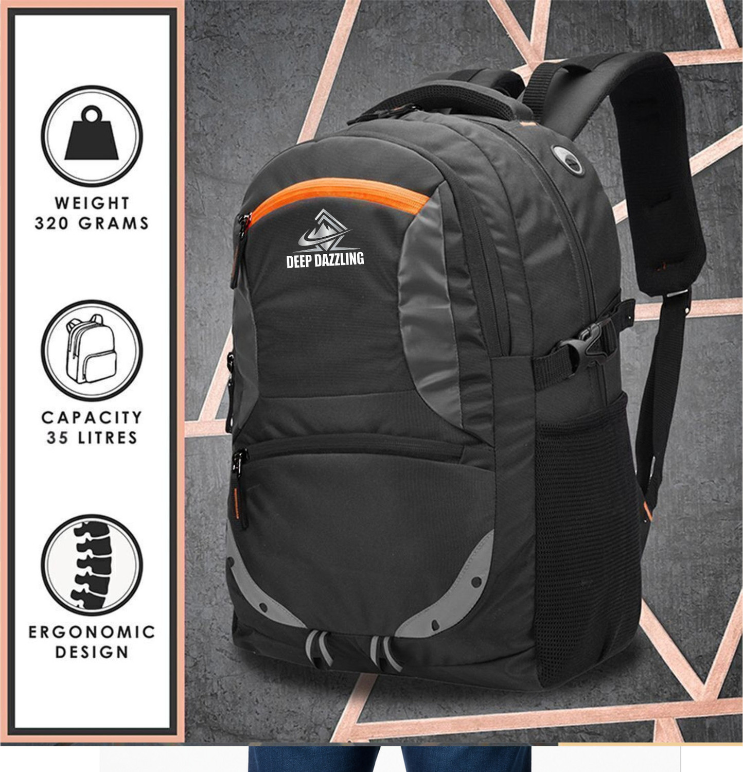 Image of DeepDazzling unisex Spacy with rain cover and reflective strip (Black) 35 L No Laptop Backpack