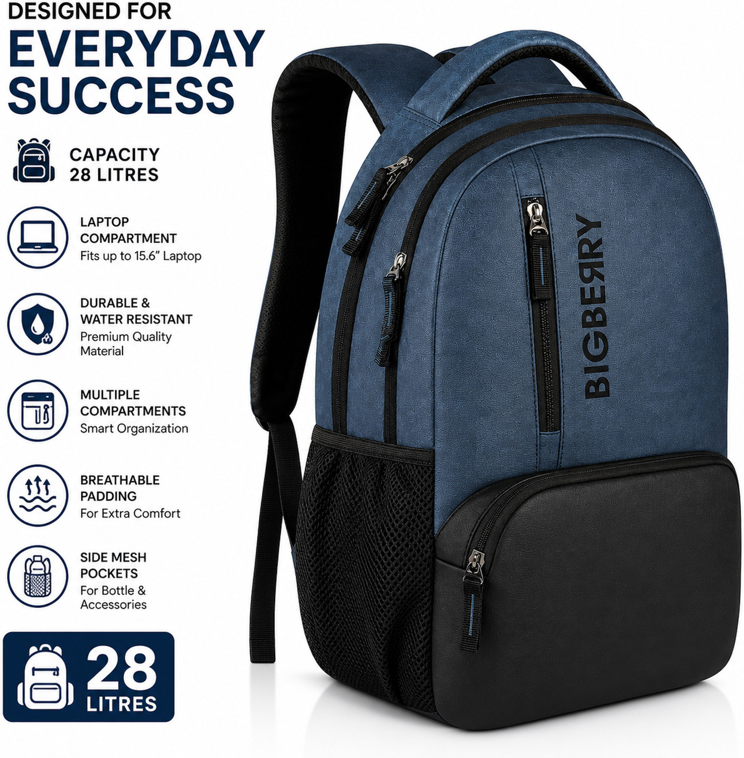 Image of BIGBERRY NEWAGE 28 Ltrs genuine PU Blue Backpack with Multiple Compartments & organiser 28 L Laptop Backpack