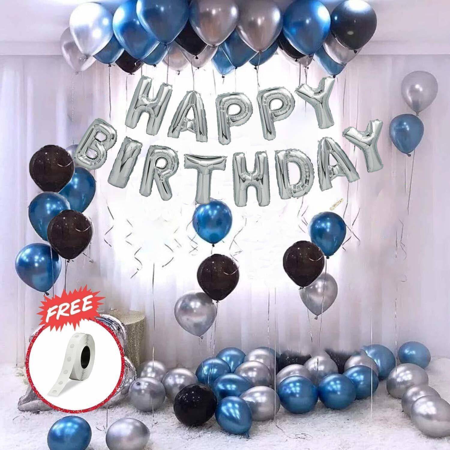 boxerdoll Solid Happy Birthday Letter Foil Balloon Set of Silver + Pack of 30 HD Metallic Balloons (Blue, Black and Silver) Letter Balloon