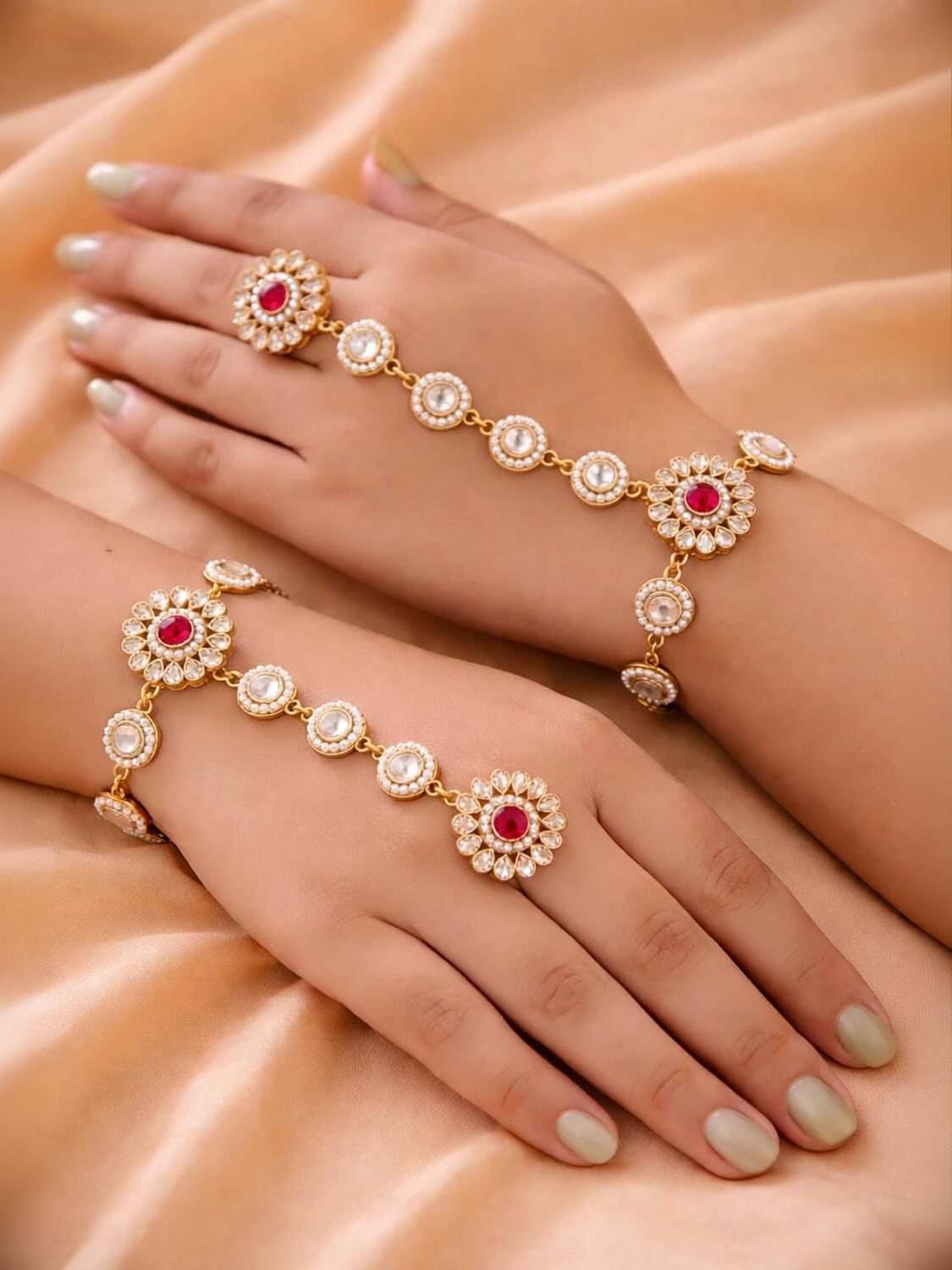 Adorable Treasures Alloy Pearl, Cubic Zirconia, Ruby Gold-plated Hand Thong
