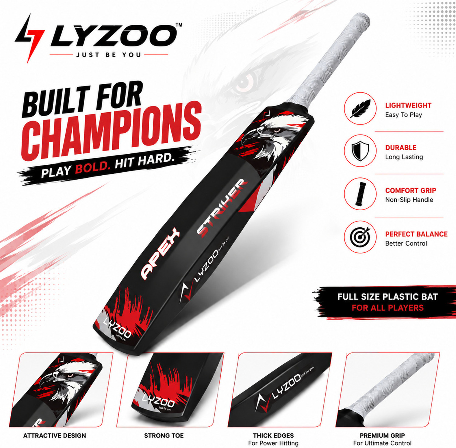 Image of Lyzoo HAWK Hard Plastic /Fiber Tennis Ball Cricket Bat for 15 +yrs PVC Cricket Bat PVC /Plastic Cricket Bat For 15+ Yrs (820-850 g)