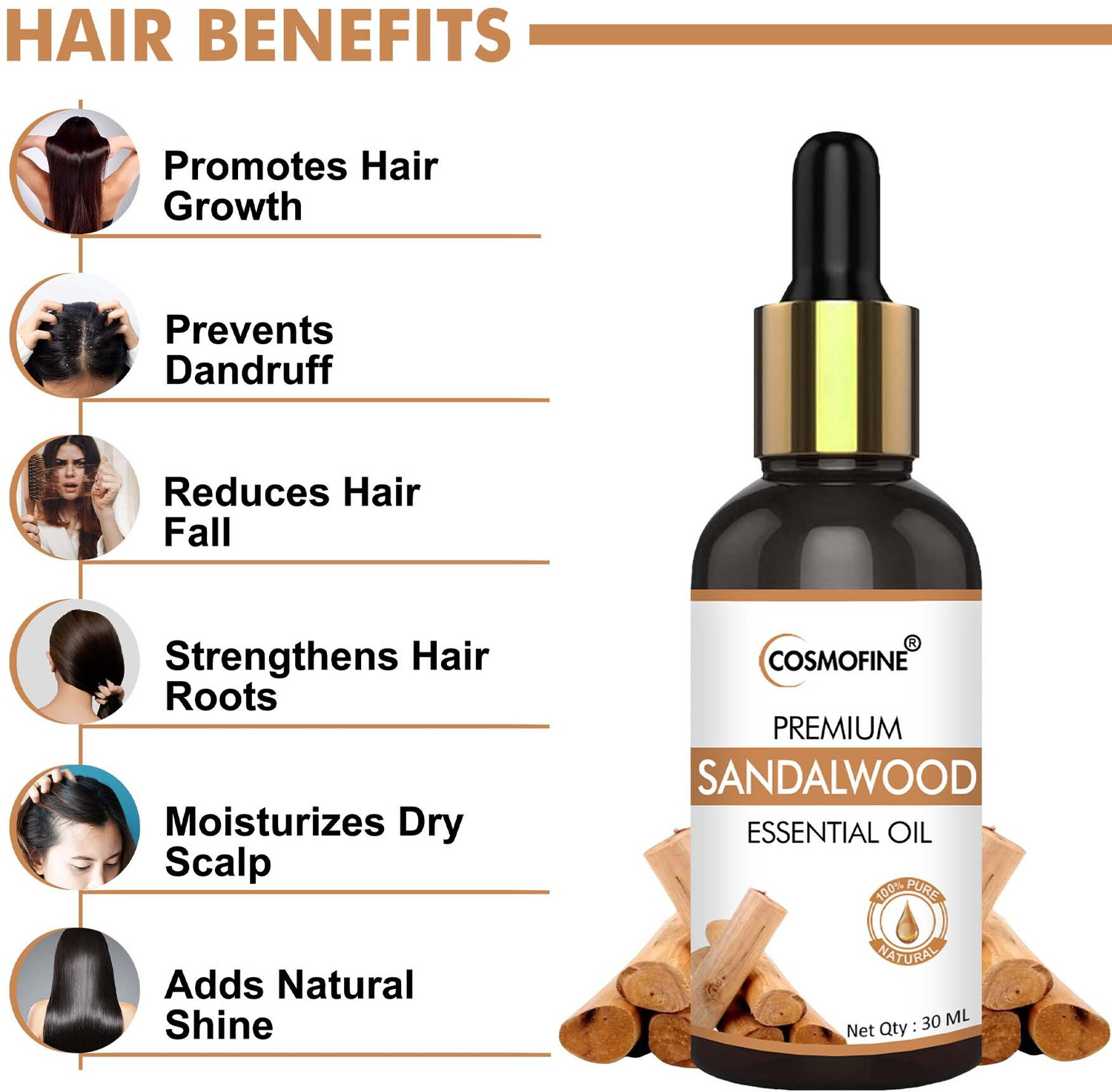 Image of cosmofine 100% Natural Sandalwood Essential Oil for Skin Care, Hair Care & Aromatherapy