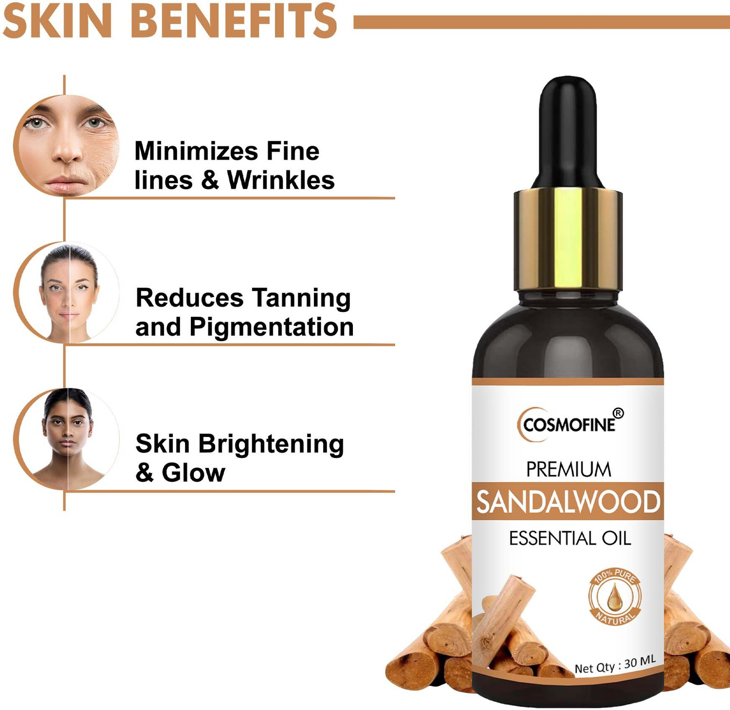 Image of cosmofine 100% Natural Sandalwood Essential Oil for Skin Care, Hair Care & Aromatherapy