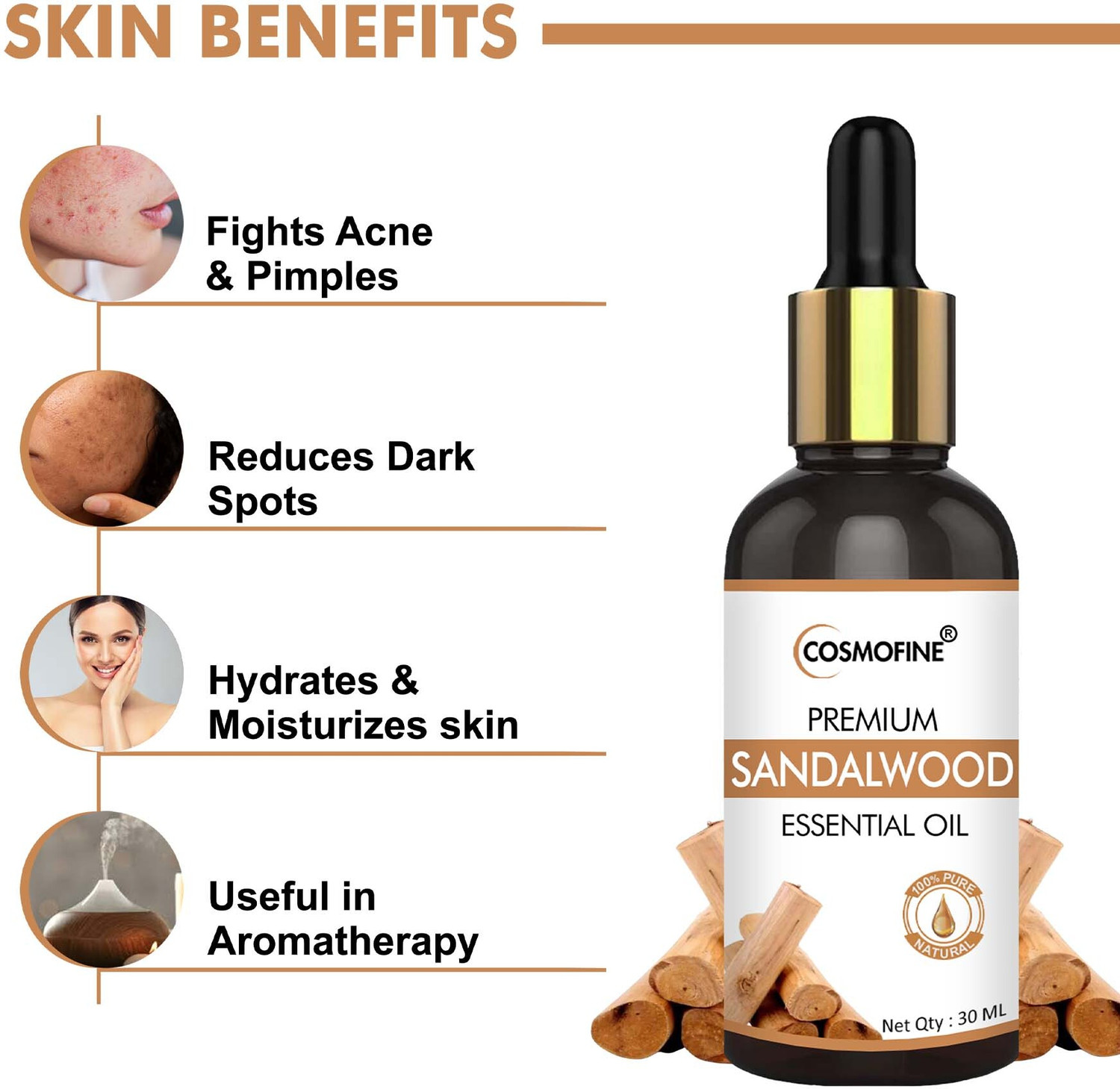 Image of cosmofine 100% Natural Sandalwood Essential Oil for Skin Care, Hair Care & Aromatherapy