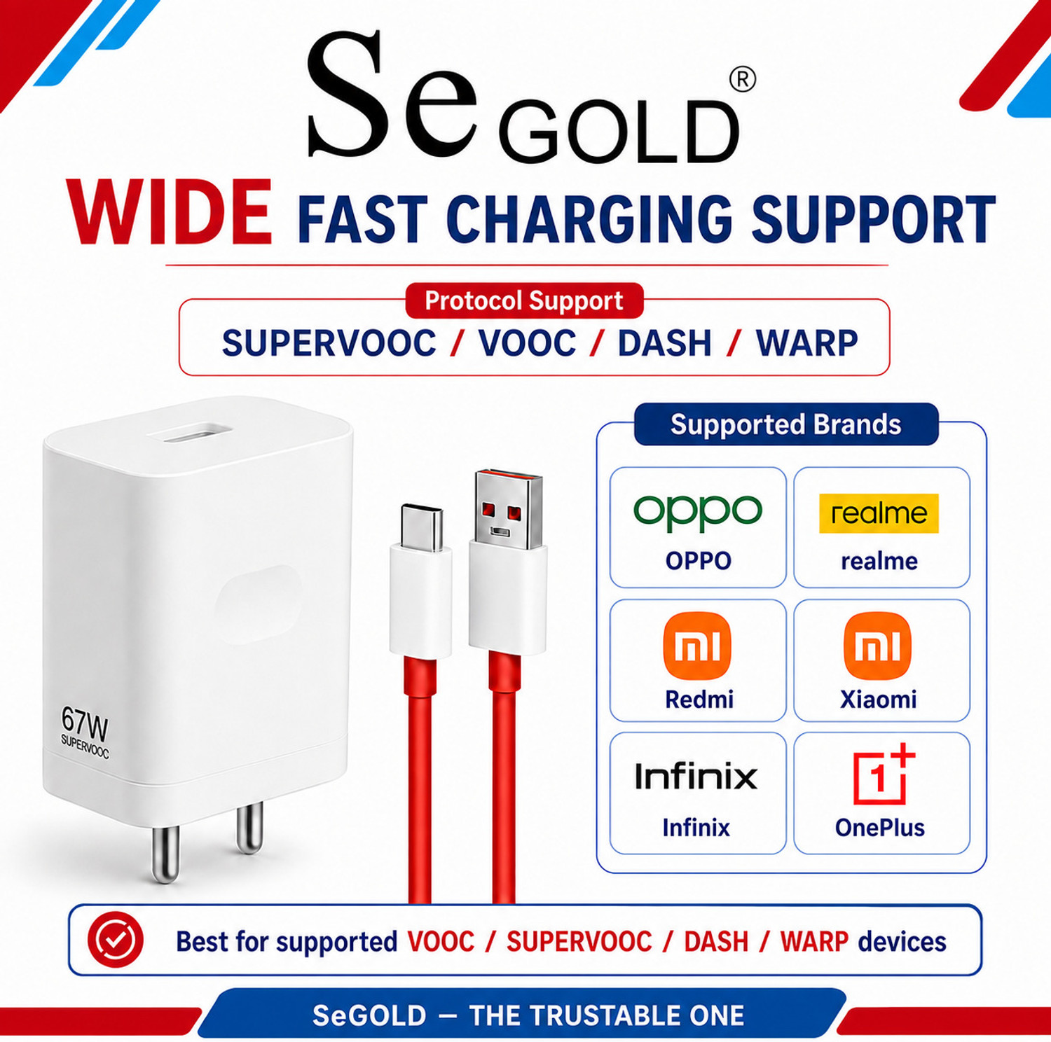 Image of SeGold 67 W SuperVOOC 6 A Wall Charger for Mobile with Detachable Cable (White, Red)