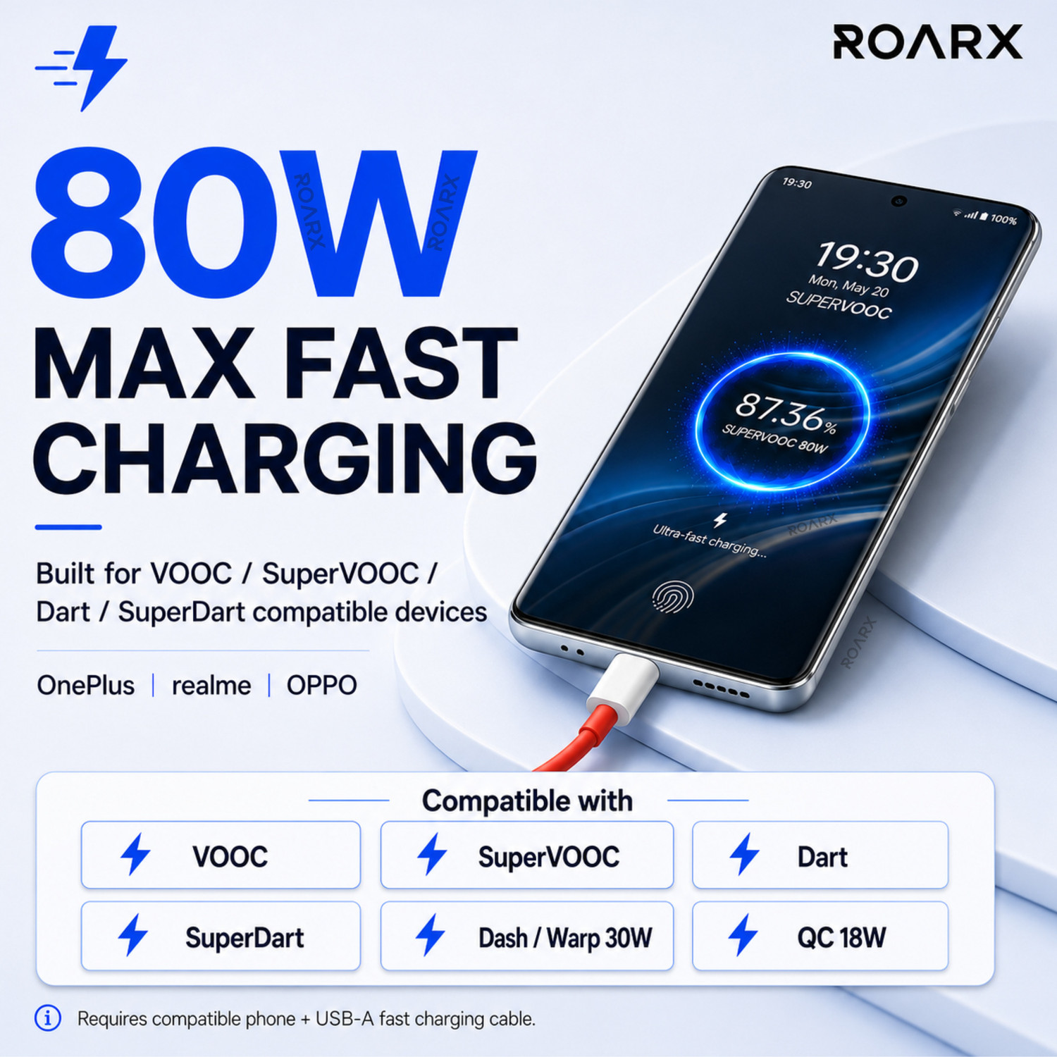 Image of RoarX Mobile Charger Type C 80W Fast Charging Adapter VOOC Dash Compatible 7 A Mobile Charger with Detachable Cable