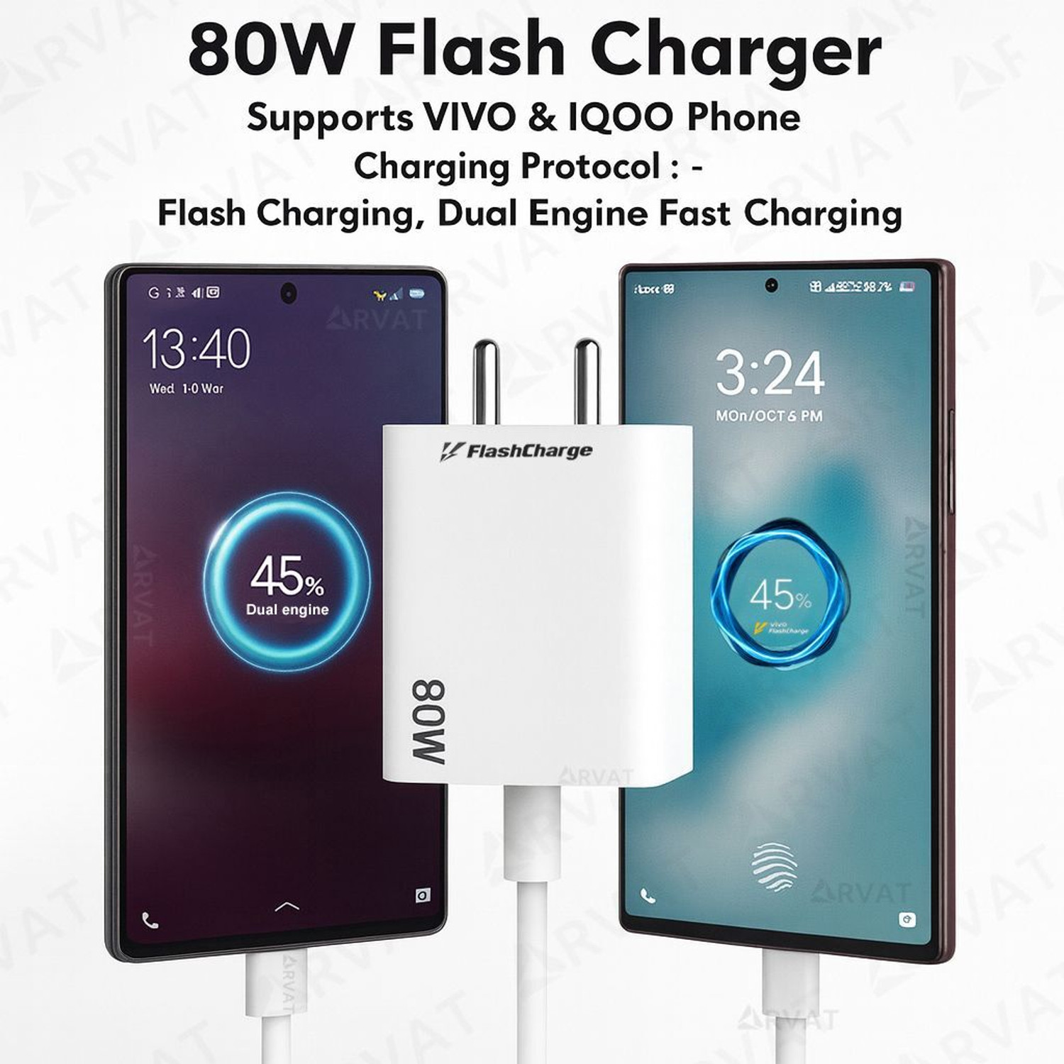 Image of RVAT 80 W Quick Charge 7.3 A Wall Charger for Mobile with Detachable Cable