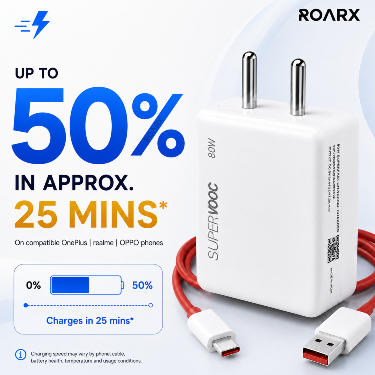 Image of RoarX Mobile Charger Type C 80W Fast Charging Adapter VOOC Dash Compatible 7 A Mobile Charger with Detachable Cable