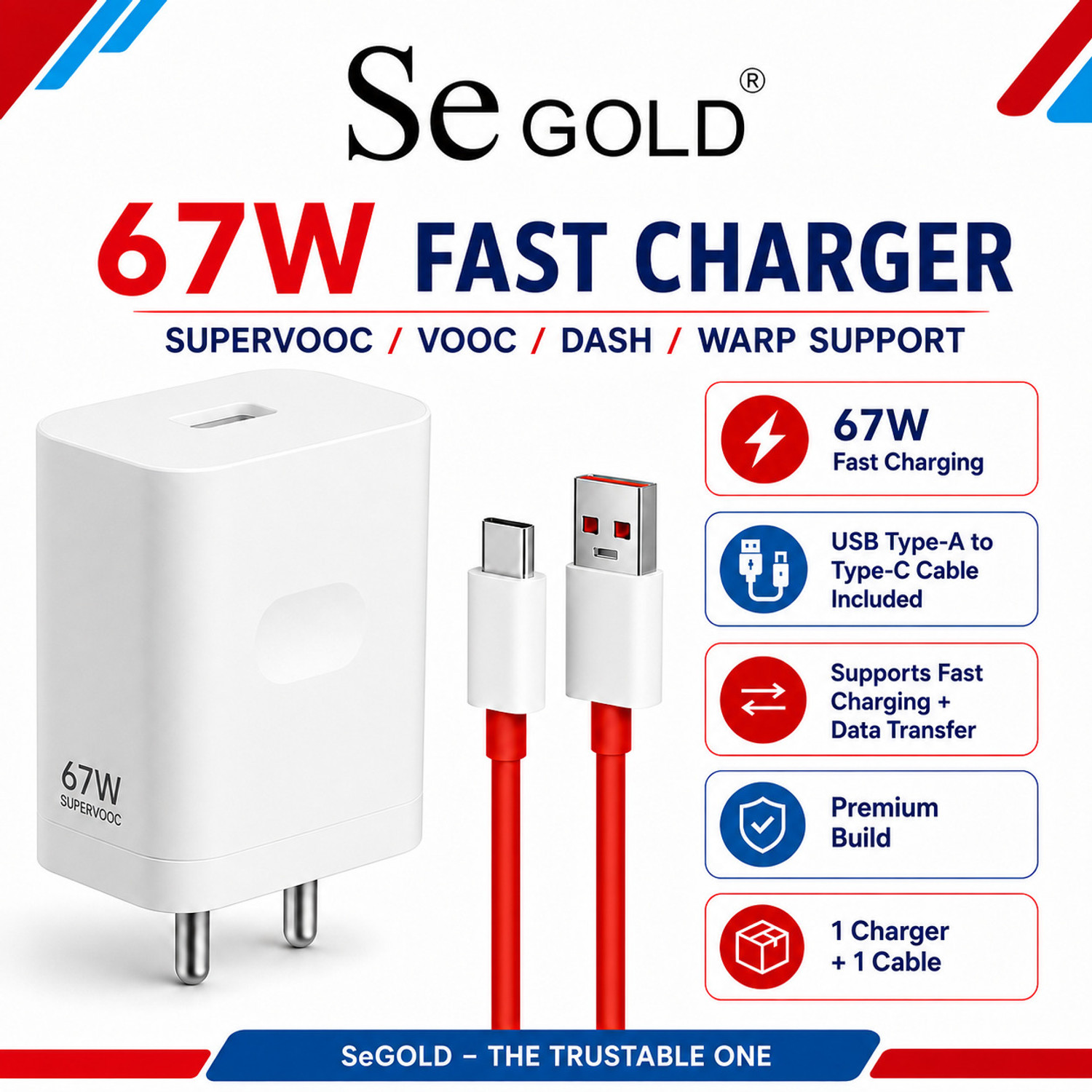 Image of SeGold 67 W SuperVOOC 6 A Wall Charger for Mobile with Detachable Cable (White, Red)