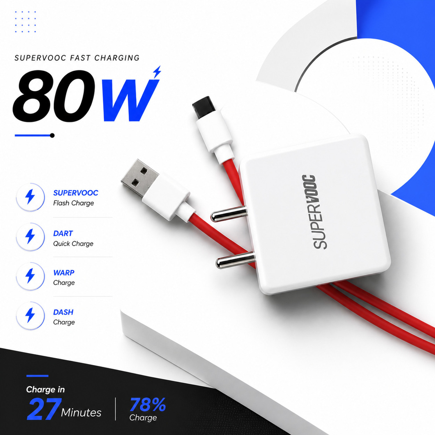Image of CLAT CLAT SUPERVOOC 80W for Tablets & Cellular Phones 6 A Mobile Charger with Detachable Cable