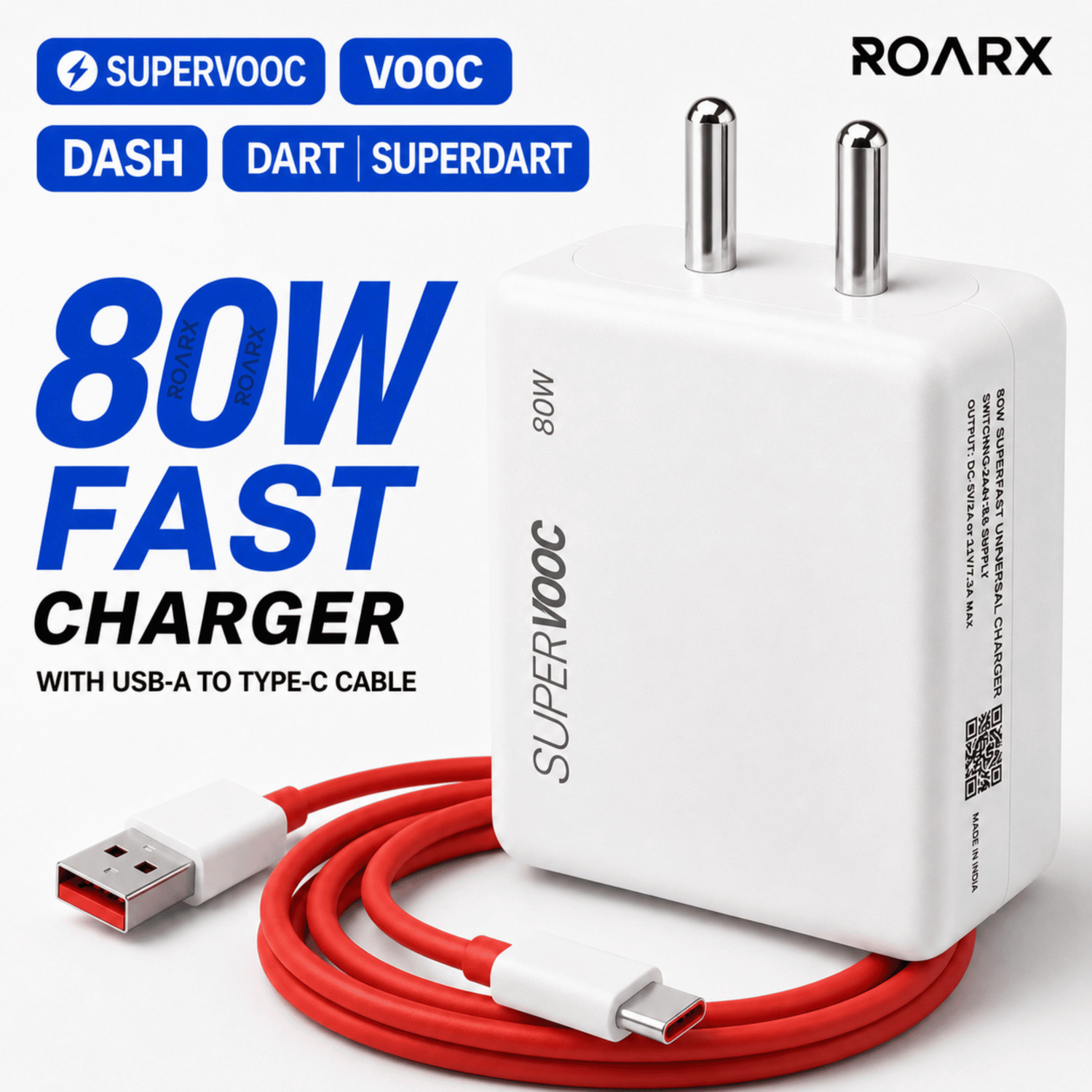 Image of RoarX Mobile Charger Type C 80W Fast Charging Adapter VOOC Dash Compatible 7 A Mobile Charger with Detachable Cable