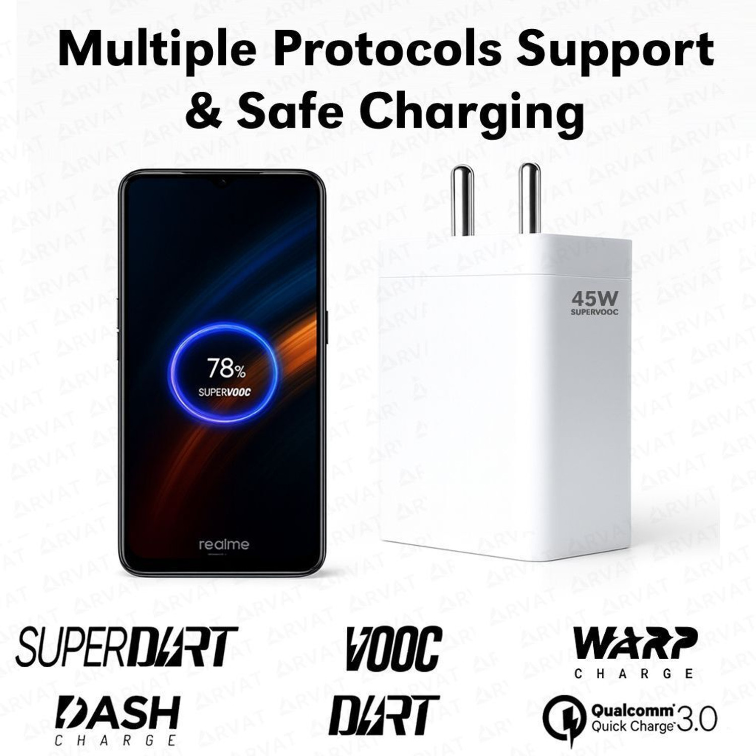 Image of RVAT 45 W SuperVOOC 5 A Wall Charger for Mobile with Detachable Cable