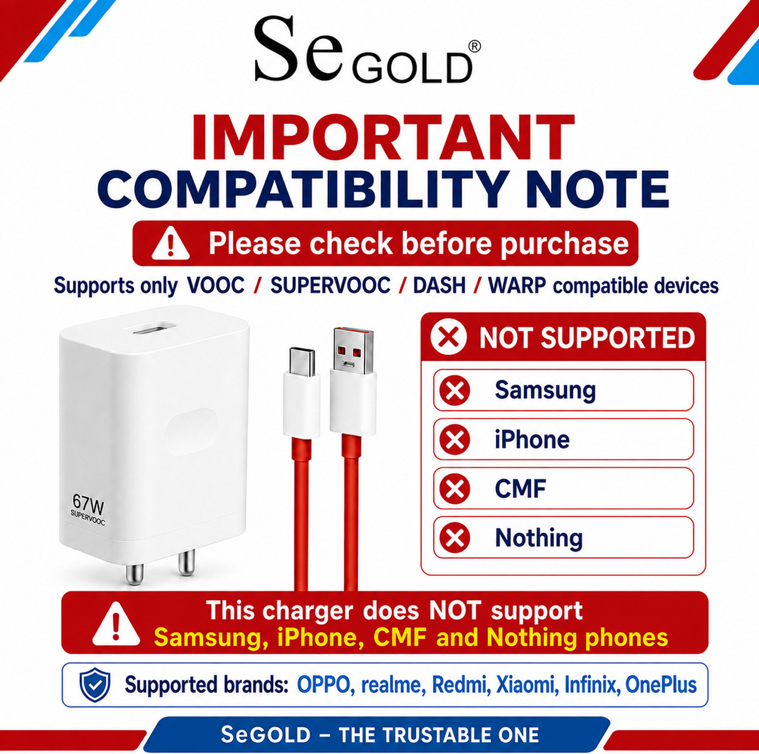 Image of SeGold 67 W SuperVOOC 6 A Wall Charger for Mobile with Detachable Cable (White, Red)