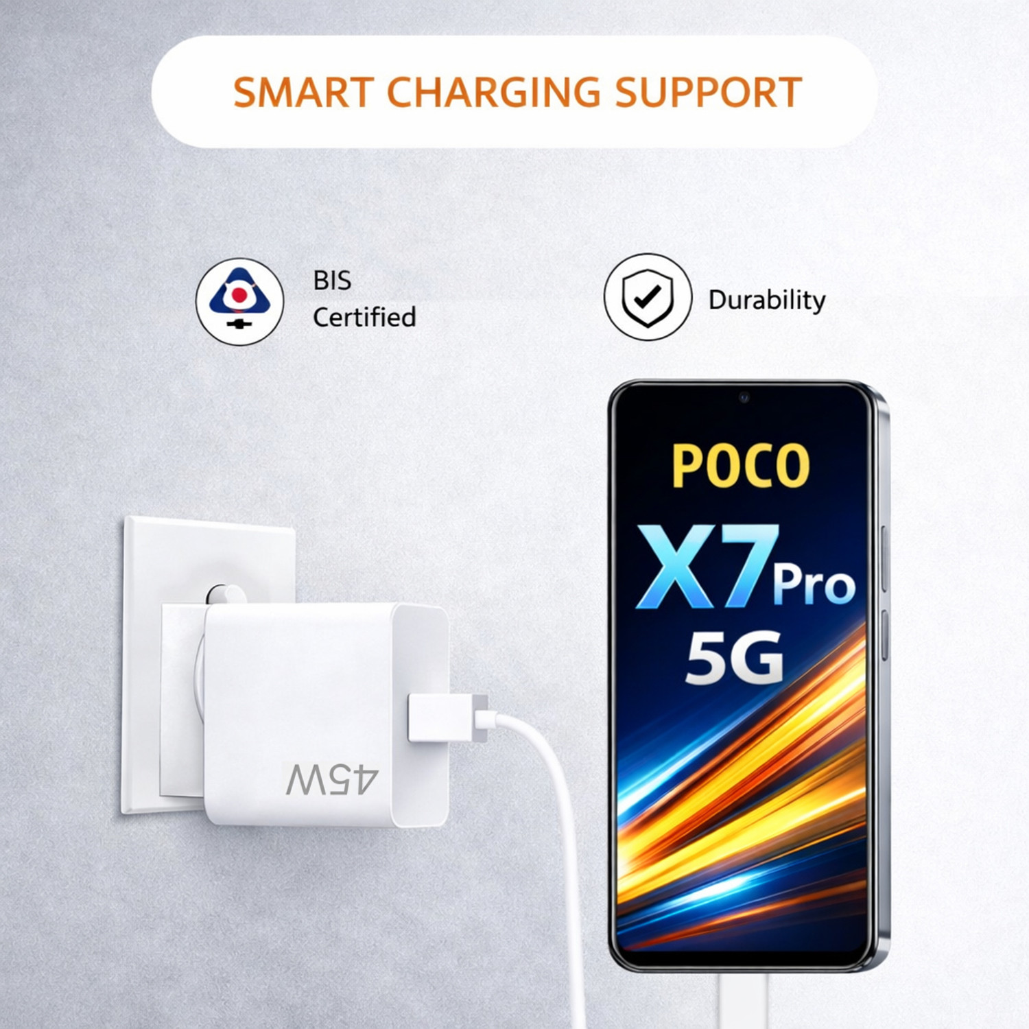 Image of Hespa 45 W TurboPower 3.0 3 A Wall Charger for Mobile with Detachable Cable