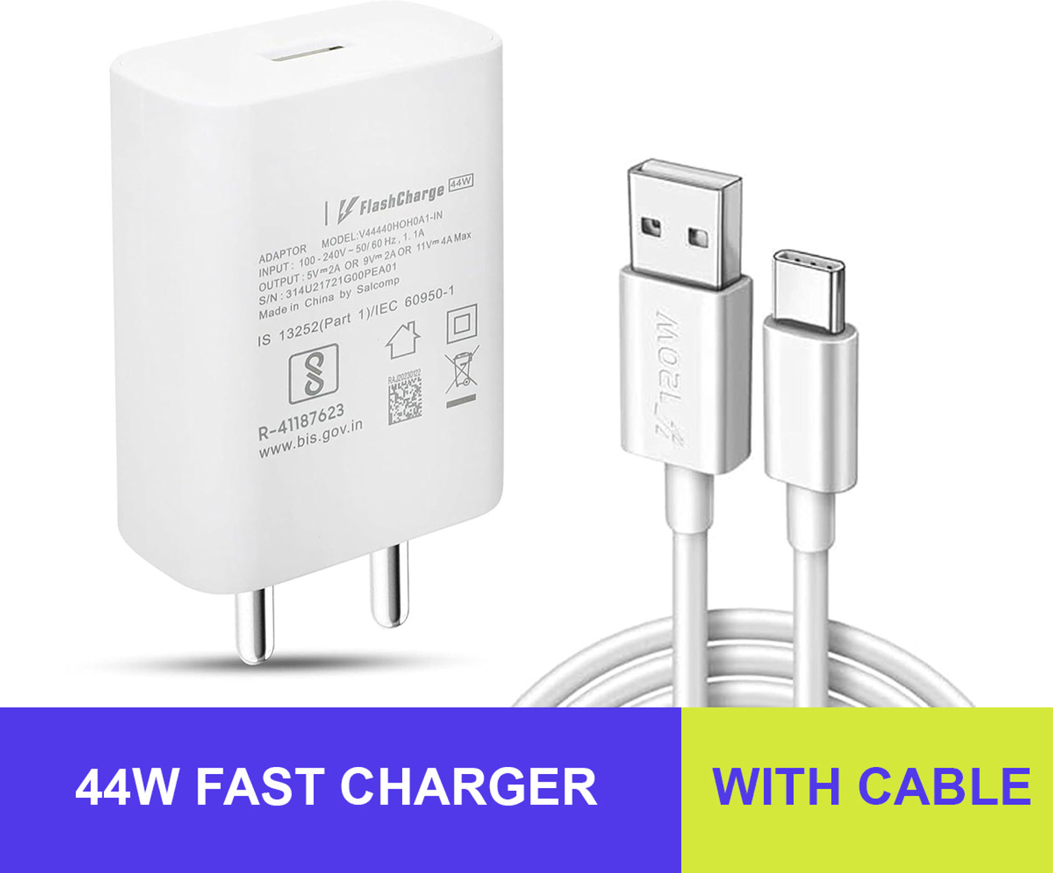 Image of CLAT 44w flash charger vivo V20 SE, vivo V19, vivo V21 5G, V23e 5G, vivo T2 5G 6 A Mobile Charger with Detachable Cable