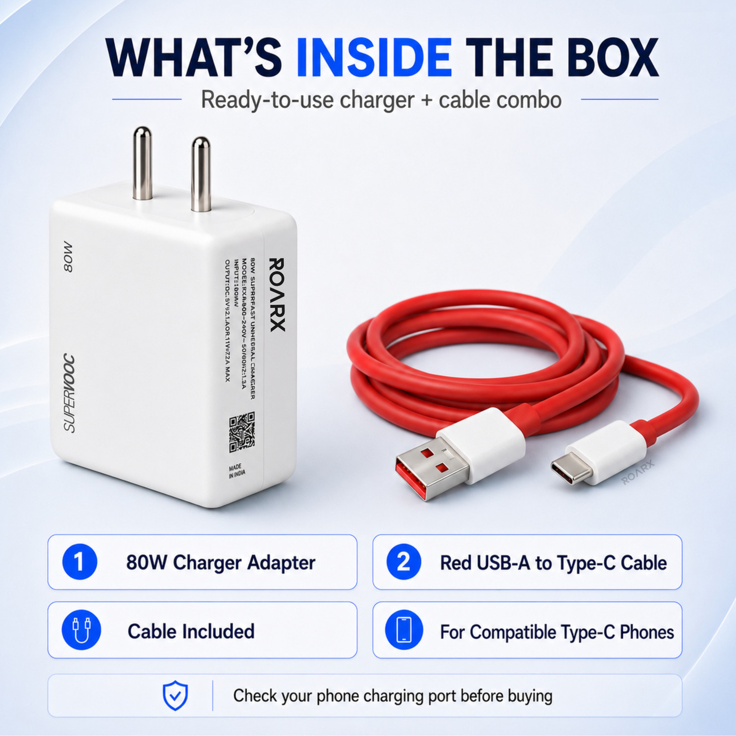 Image of RoarX Mobile Charger Type C 80W Fast Charging Adapter VOOC Dash Compatible 7 A Mobile Charger with Detachable Cable