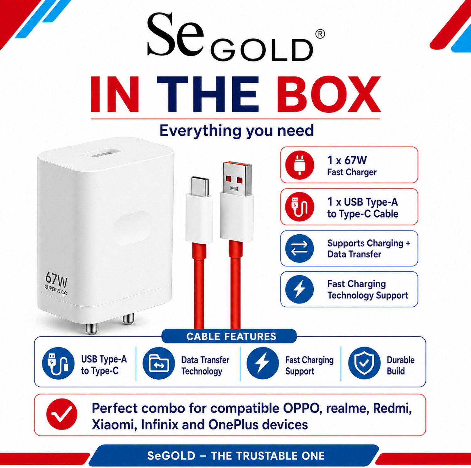 Image of SeGold 67 W SuperVOOC 6 A Wall Charger for Mobile with Detachable Cable (White, Red)