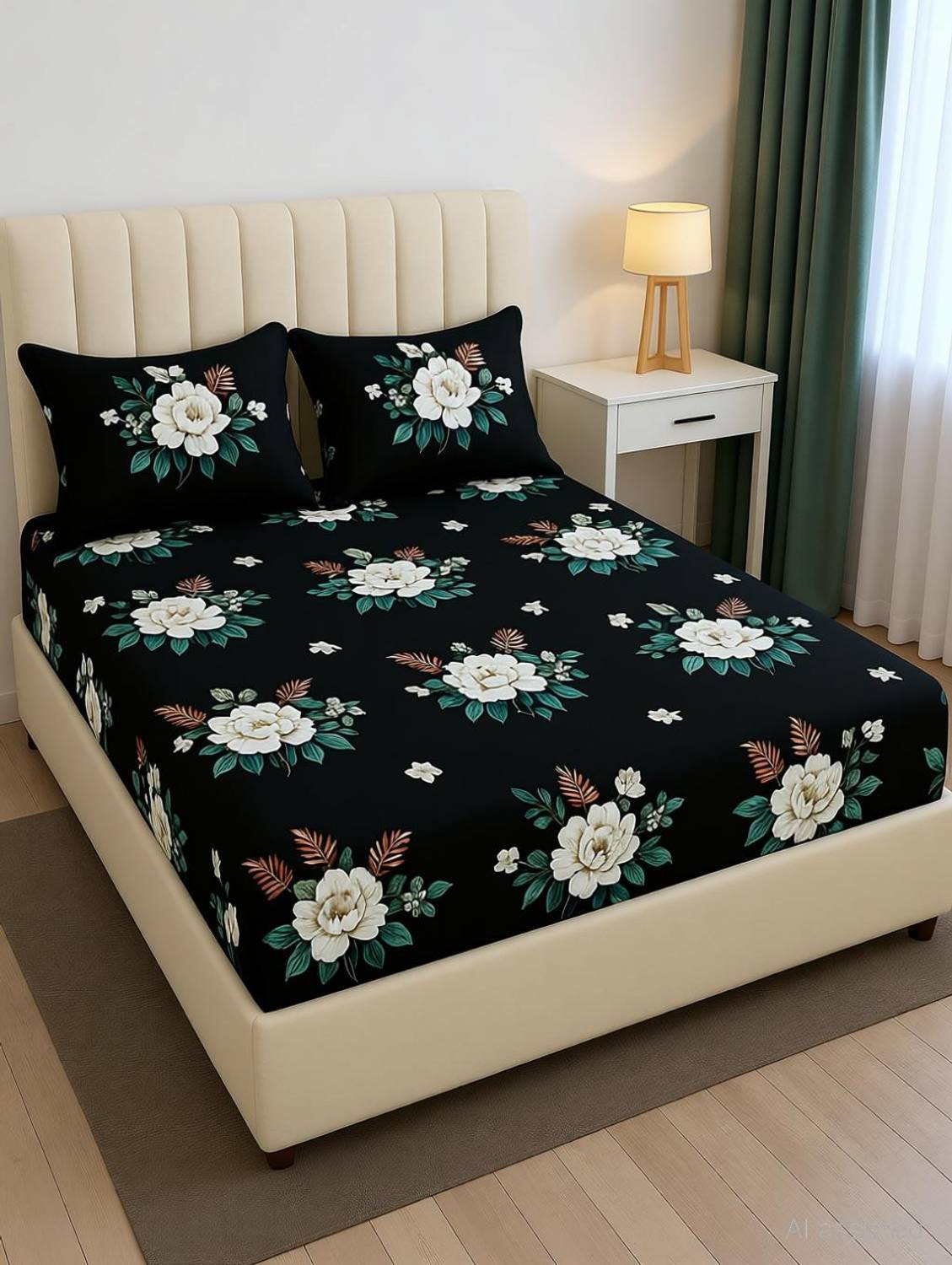 Bedsheat hub Cotton Double Fitted (Elastic) 320 TC Floral 1 Bedsheet