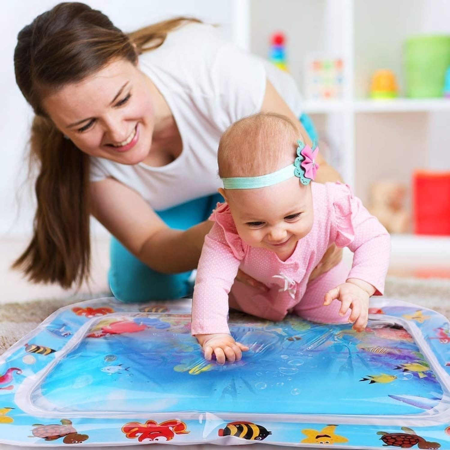 Image of WENGEN Tummy time Baby Water Play mat (Blue) Swimming Mats Fish