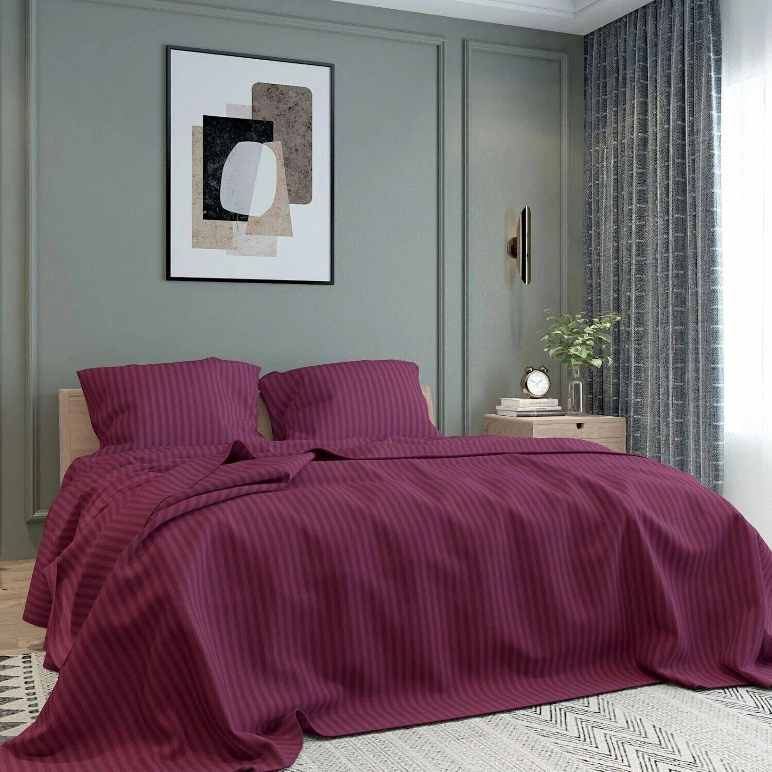 BELVOSTUM Microfiber Double Flat 280 TC Striped 1 Bedsheet with 2