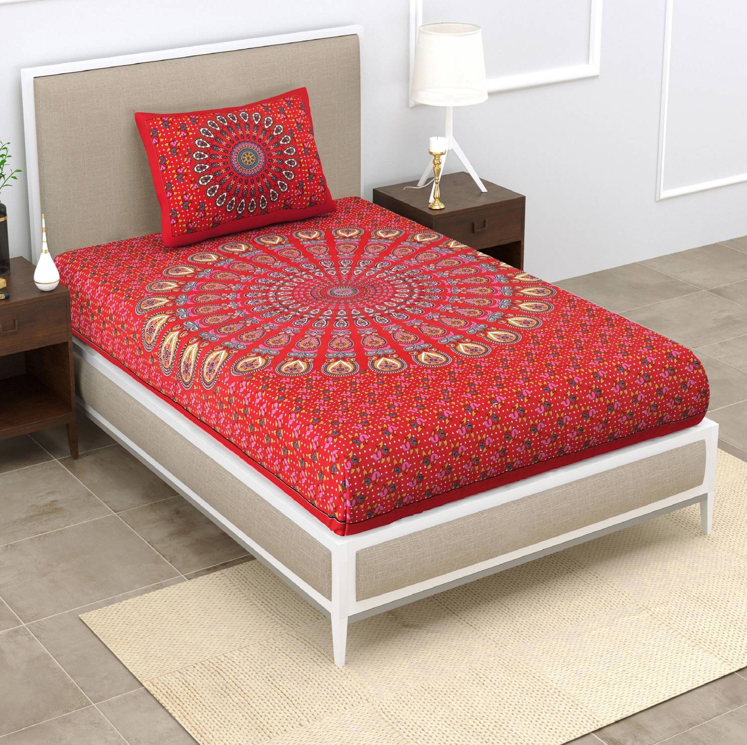 Leo Creation Cotton Single Flat 144 TC Jaipuri Prints 1 Bedsheet