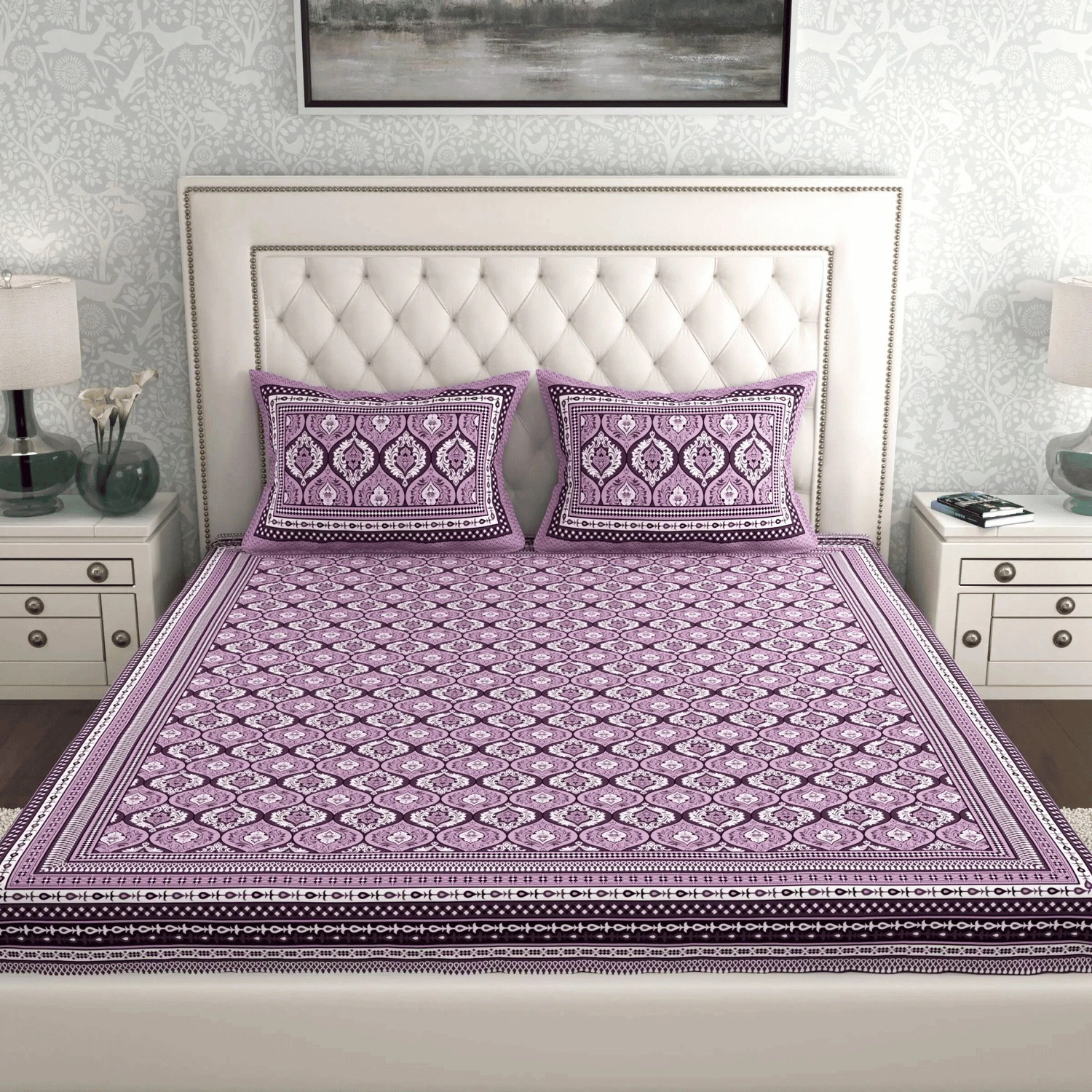 Image of MONAYRA Cotton Double Flat 144 TC Jaipuri Prints 1 Bedsheet with 2 Pillow Covers