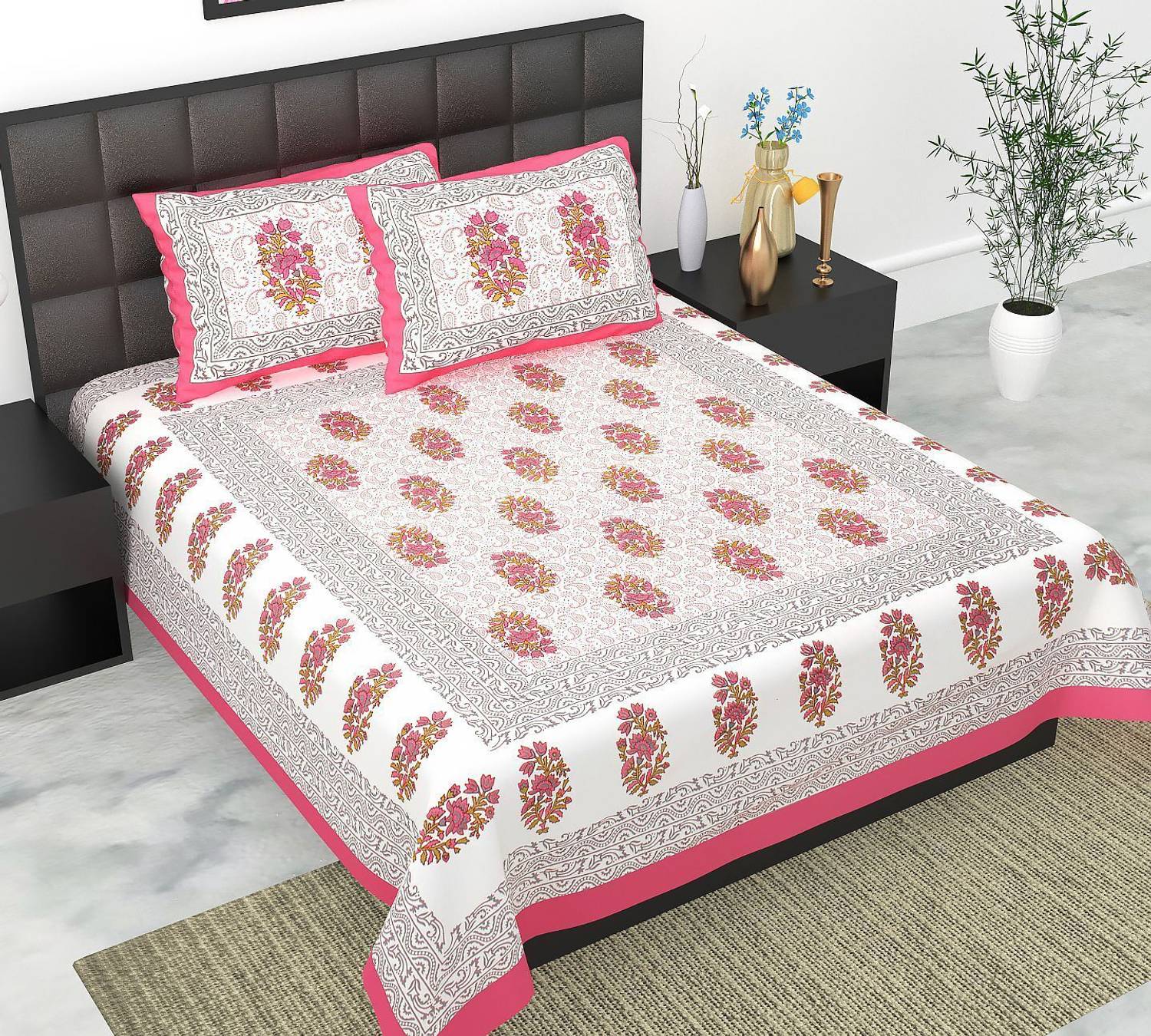Poorak Cotton Double Flat 104 TC Jaipuri Prints 1 Bedsheet with 2