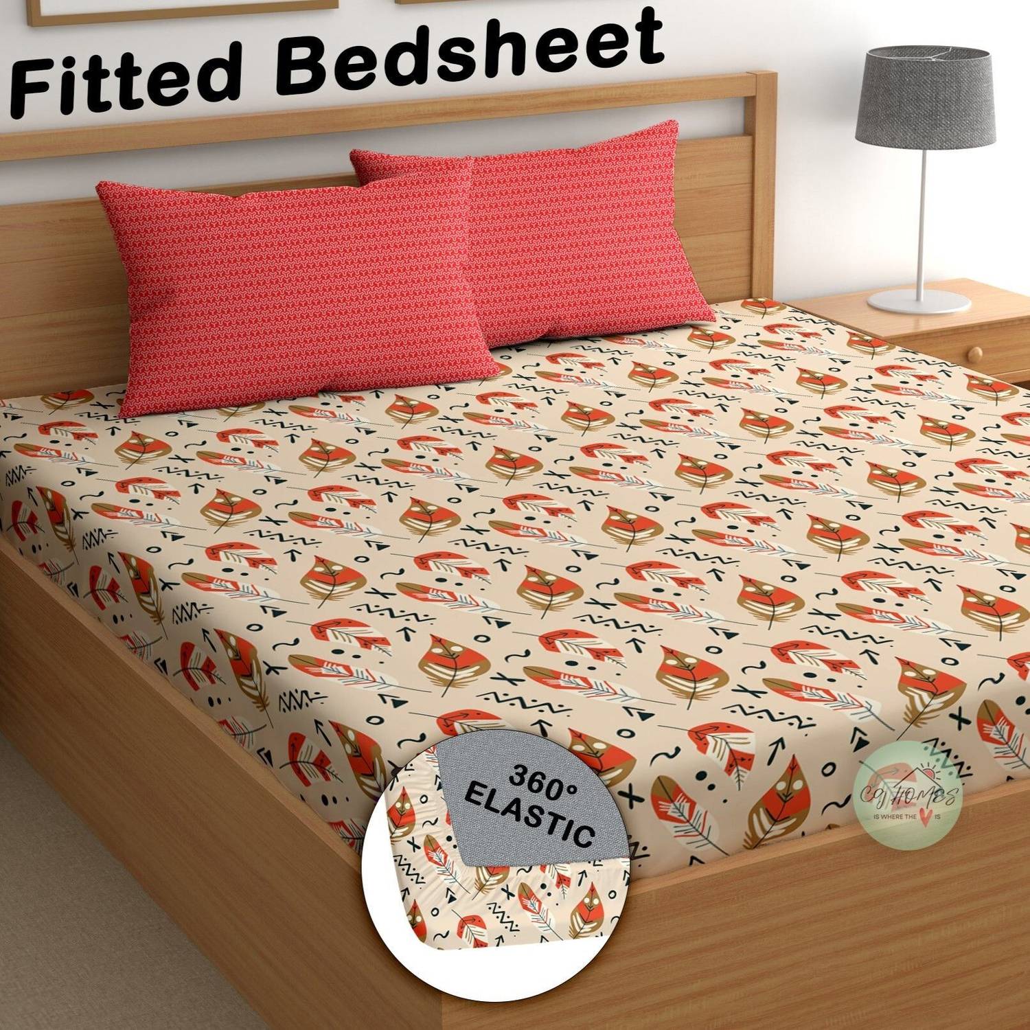 CG Homes Cotton Double Fitted (Elastic) 180 TC Printed 1 Bedsheet