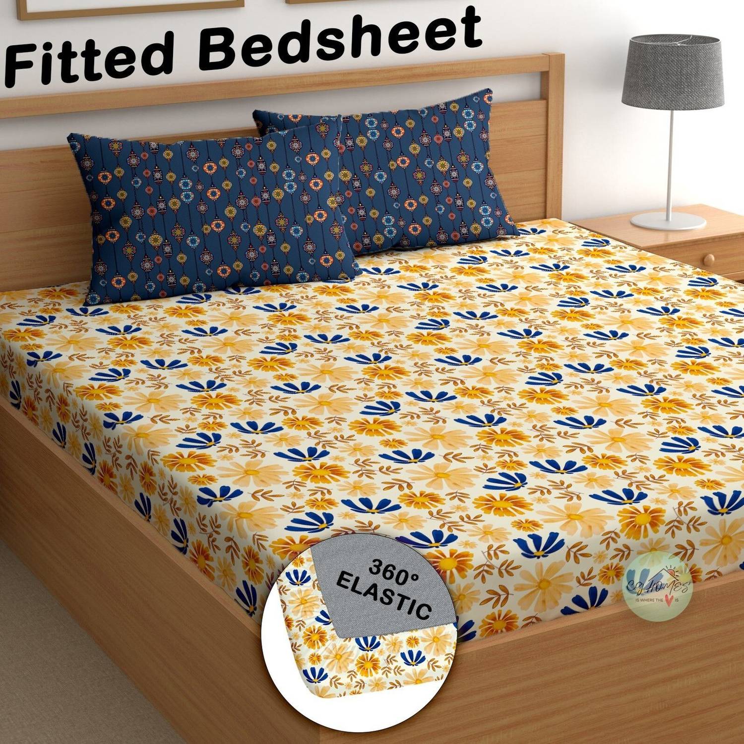 CG Homes Cotton Double Fitted (Elastic) 180 TC Printed 1 Bedsheet