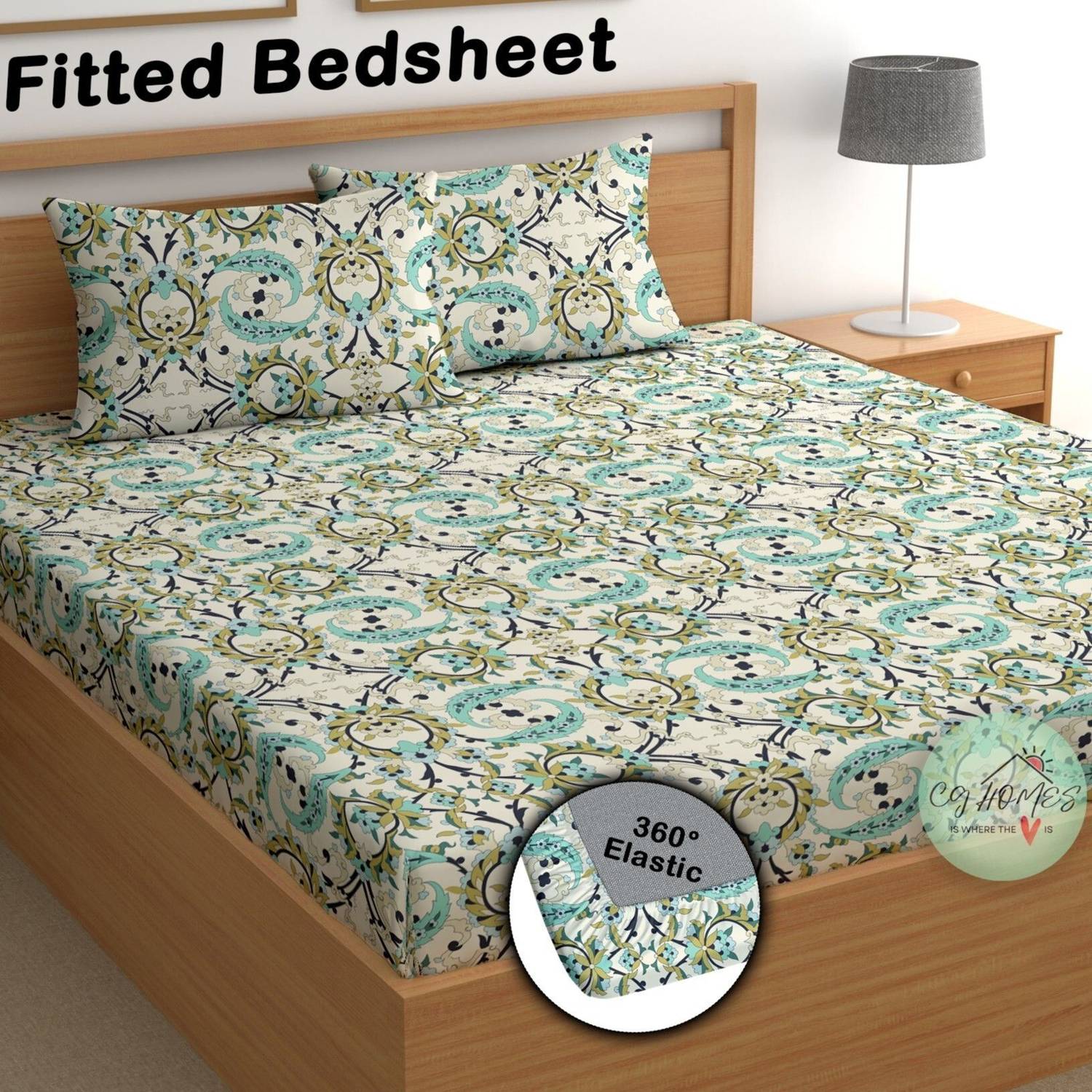 CG Homes Cotton Double Fitted (Elastic) 180 TC Printed 1 Bedsheet